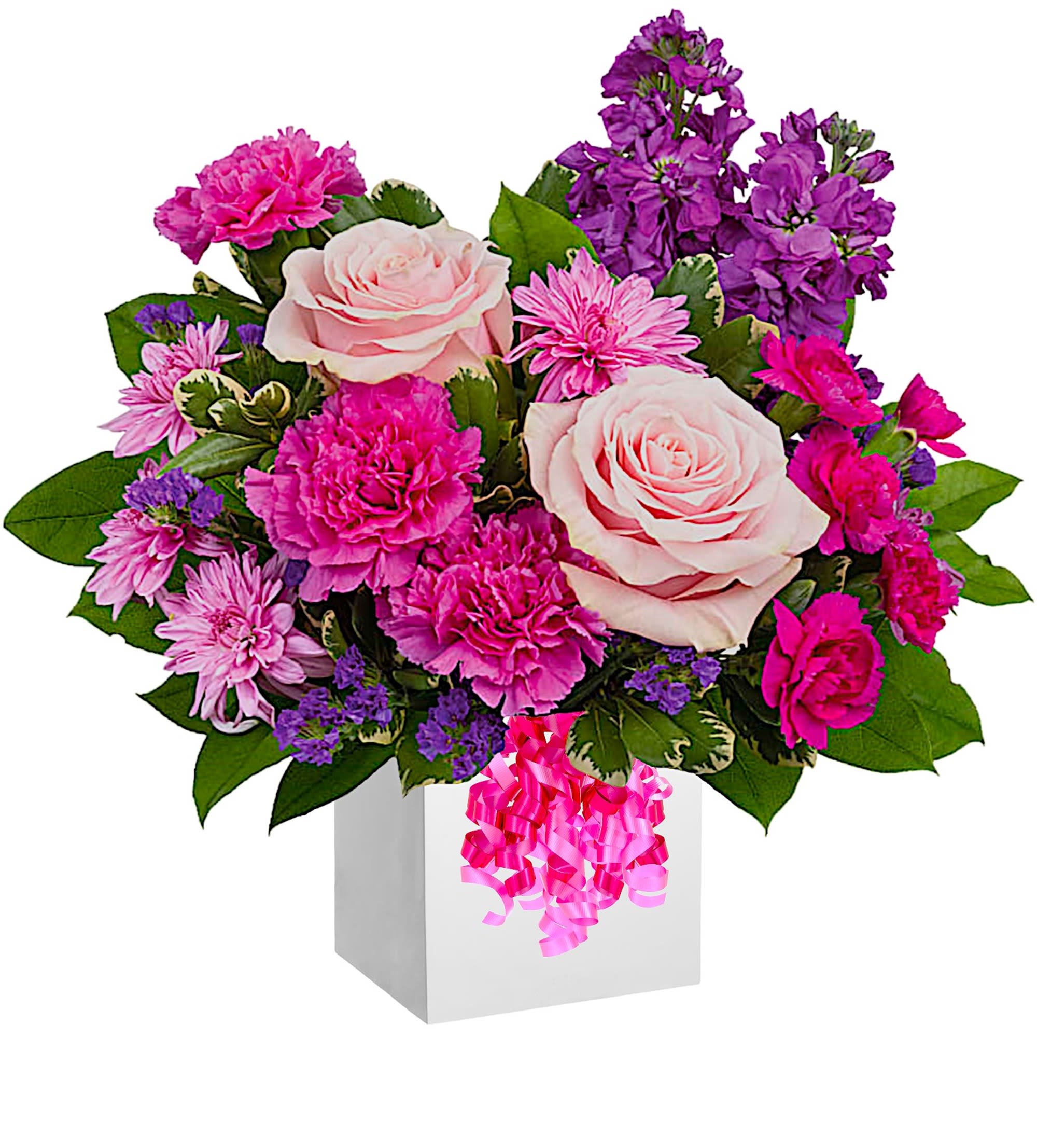 Pink and purple flower arrangement in a white box with ribbon