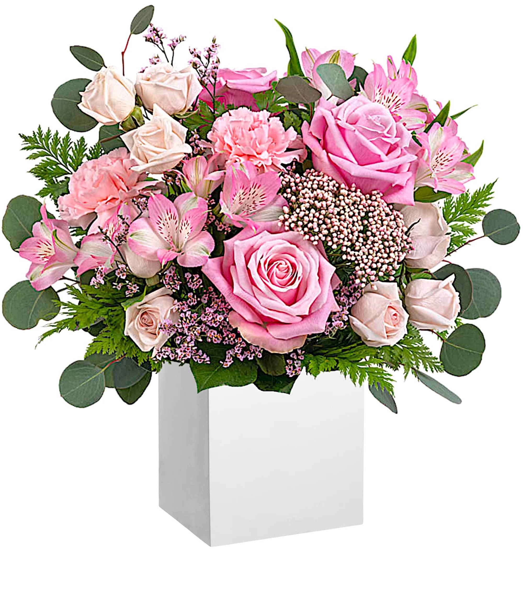 Pink roses and alstroemeria in a white box vase