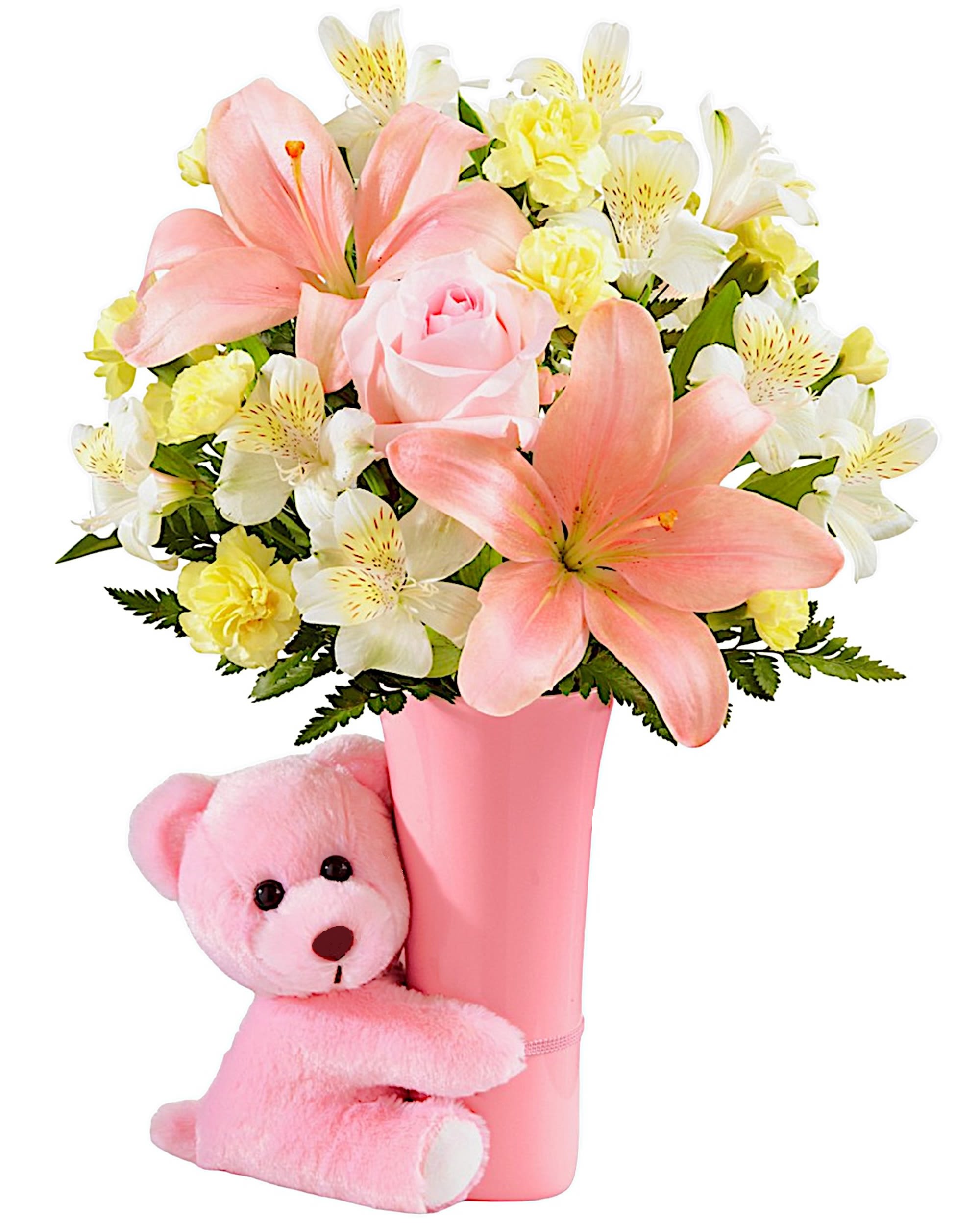 Pink and white flower bouquet in a pink vase with a pink teddy bear