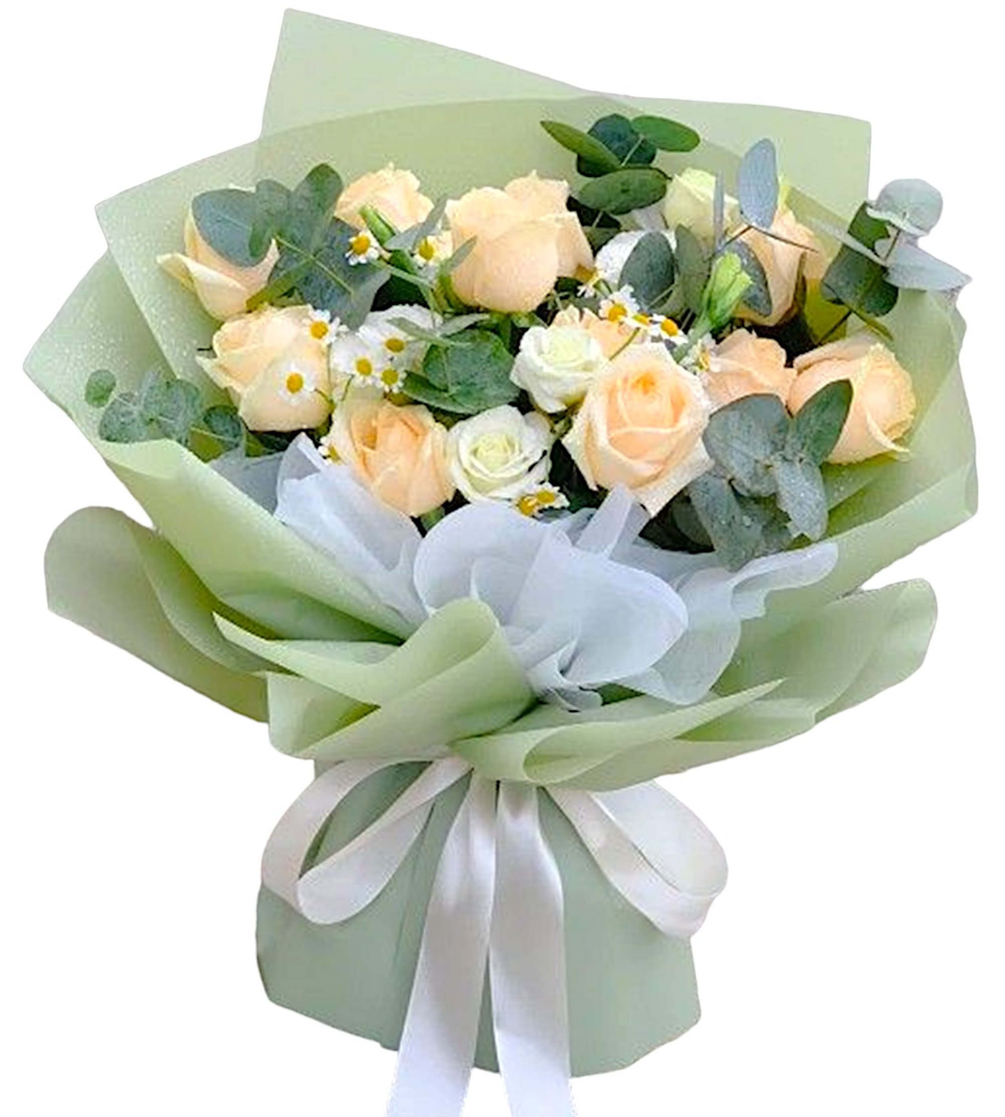 Bouquet of pale peach roses with small white daisies and eucalyptus in green wrap