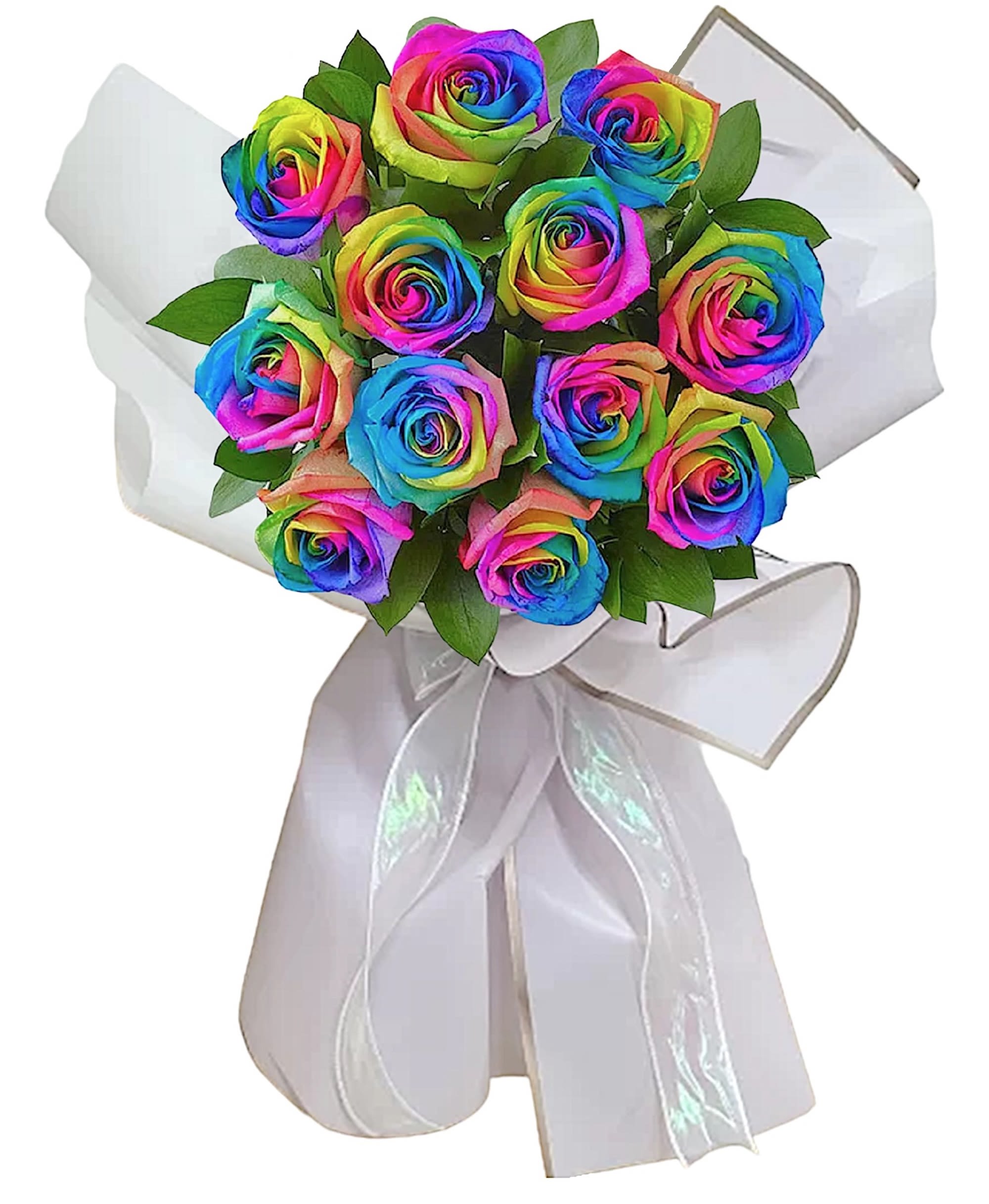 Bouquet of rainbow-colored roses wrapped in white paper with a ribbon