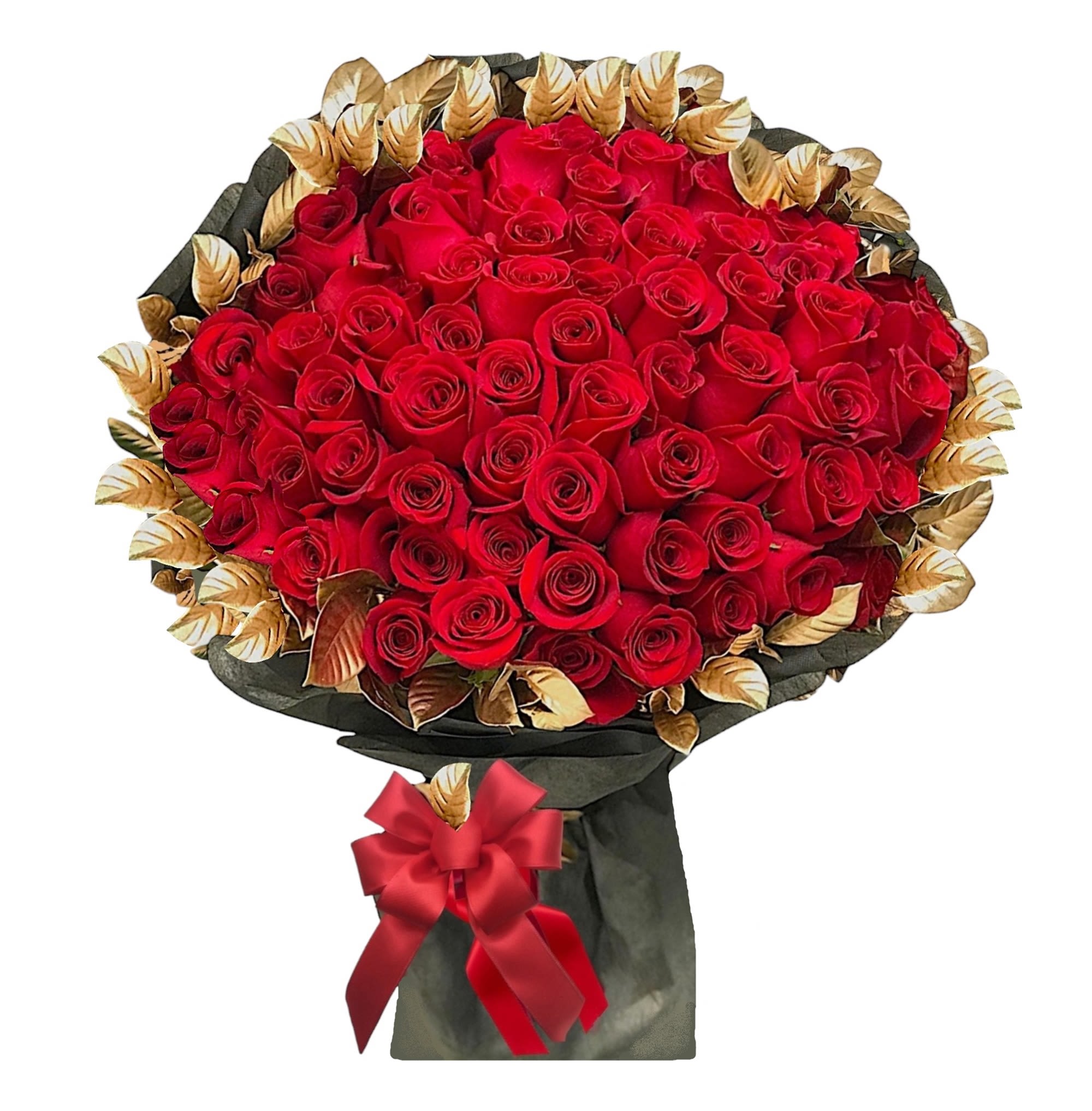 Large bouquet of red roses with gold-toned leaves and a red ribbon