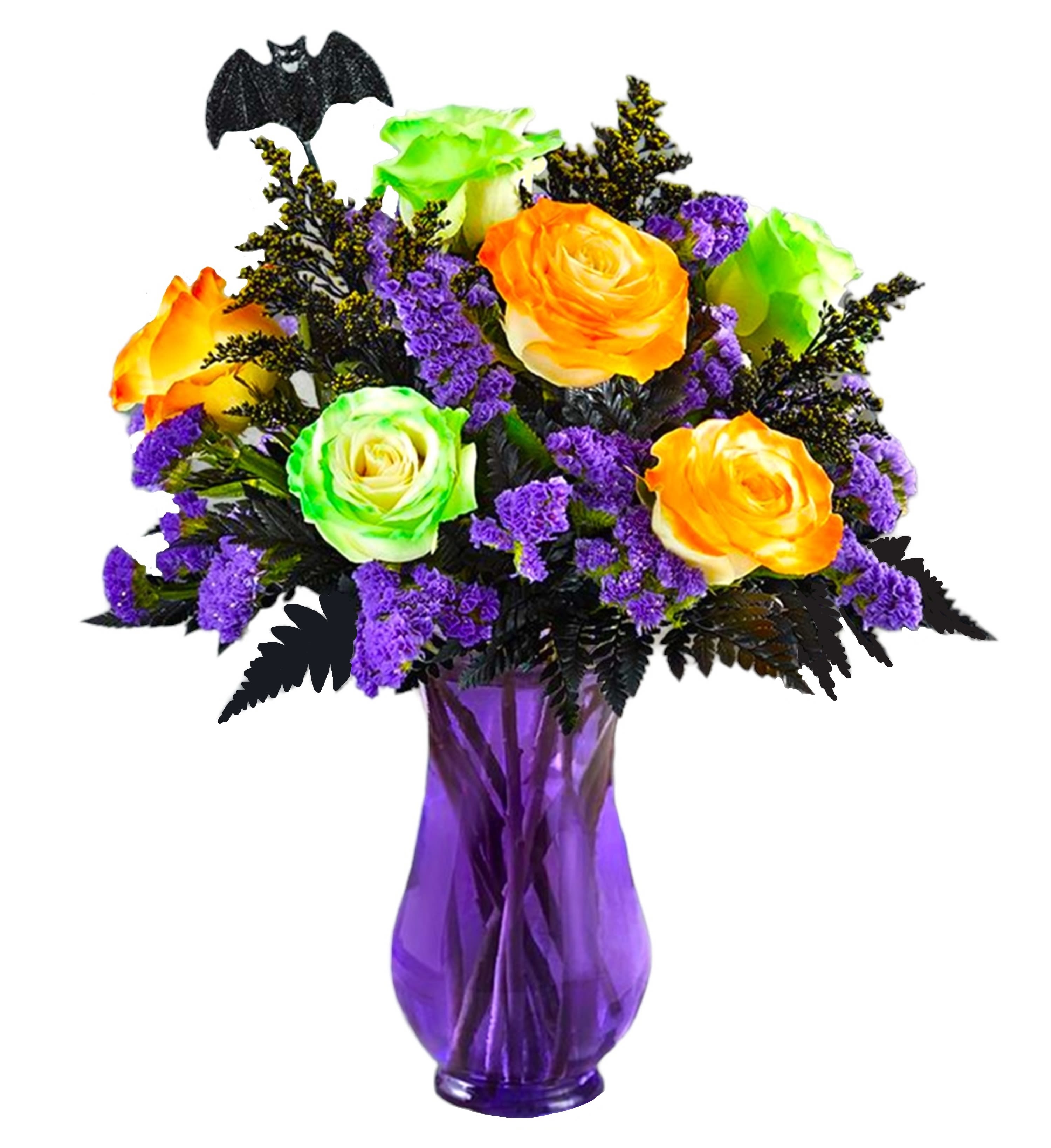 Bouquet of orange and green roses in a purple vase