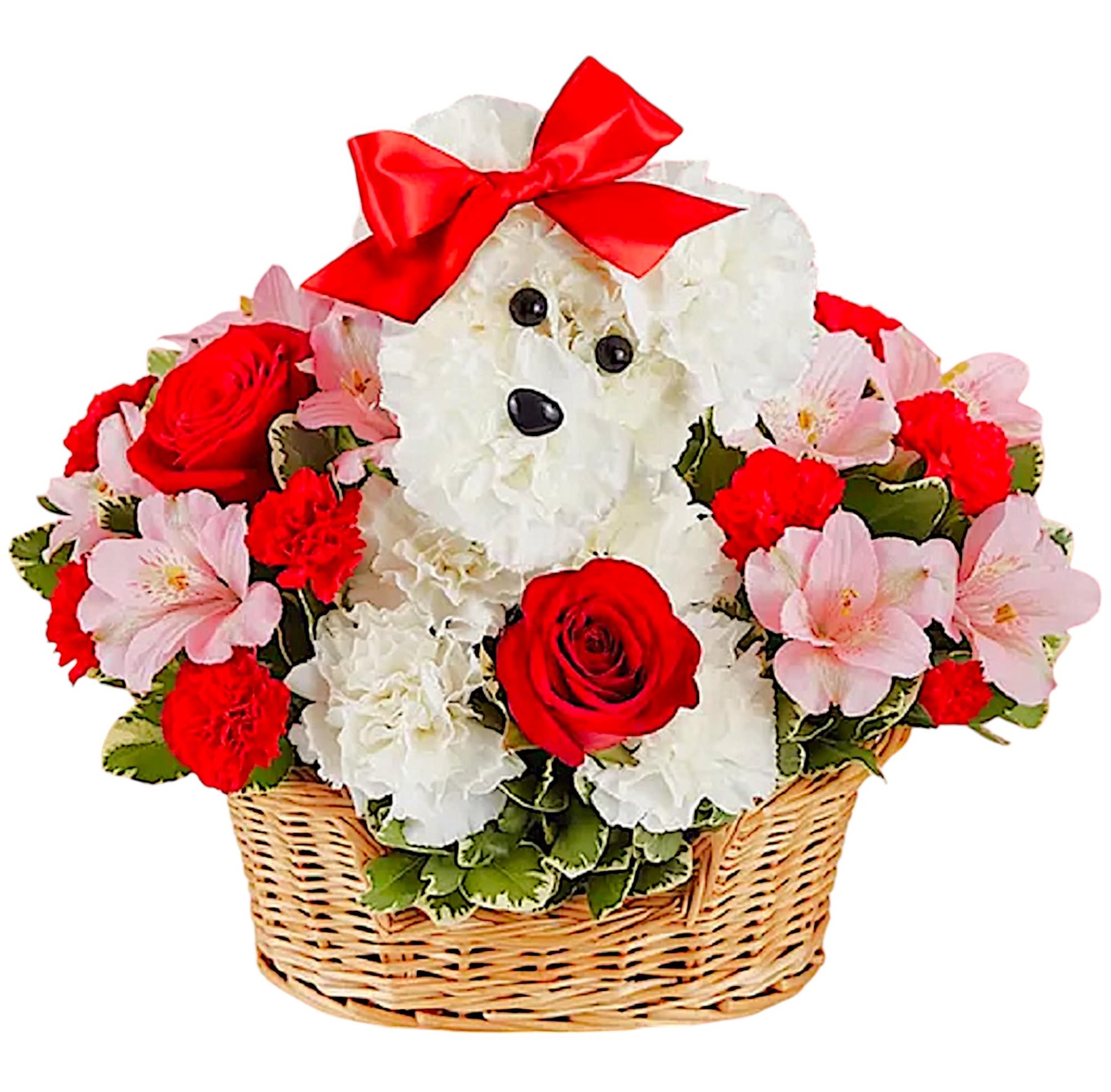 Love Pup Fresh Flower Arrangement - Talk about puppy love! Crafted from lasting white carnations, our canine cutie is sitting pretty in a basket, surrounded by a mix of red and pink blooms. The recipient will fall in love with this cute petite arrangement.  DETAILS White carnations; red roses and mini carnations; pink Peruvian lilies (alstroemeria); accented with assorted greenery. Crafted in the shape of a dog, complete with eyes, nose, and red satin ribbon. Artistically designed in a basket.  BASKET INCLUDED Orientation: One-Sided item #NF-40  FLORIST-TO-DOOR Same day flower delivery on most orders placed online by 12 pm or 10 am on weekends PST.  BLOOM DETAILS Roses Mini-Carnations Alstroemerias Greenery  The Standard Arrangement is approx. 11.5" H x 10" W (2 Roses) The Deluxe Arrangement is approx. 13" H x 10" W (5 Roses) The Premium Arrangement is approx. 14" H x 13" W (12 Roses)  How to place an order? 1. You can place an order directly on this secure website OR 2. You can call in your order by dialing: (323) 262 - 9238 OR 3. You can visit our store (appointment recommended 323.262.9238)  NINFA'S FLOWERS 2405 WHITTIER BLVD. LOS ANGELES, CA. 90023  ATTENTION: *Please note that on busy holidays, Valentine's Day, and Mother's Day, we cannot verify if the recipient received the flowers until the following day. You can verify delivery on the website after 10:00 pm, call 323.262.9238 the following day after 10:00 am, or contact the recipient directly. Thank you for your patience and understanding.