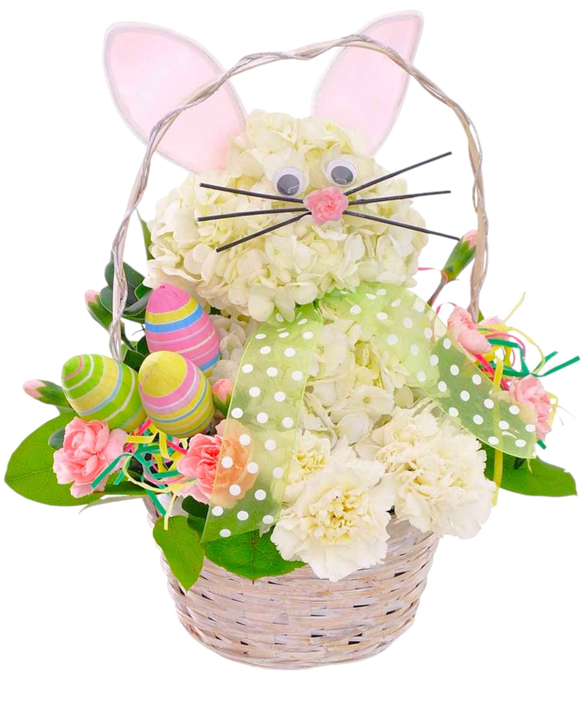 EASTER BUNNY - This Easter Bunny arrangement with colorful decorative eggs. Easter Bunny is wearing a pair of bunny ears, creating a fun centerpiece for the holiday table.   DETAILS White carnations, white hydrangeas, pink mini carnations, &amp; greenery. Crafted in the shape of a bunny, complete with eyes, nose and a pair of bunny ears.  BASKET INCLUDED Orientation: One-Sided Item #NF-53  FLORIST-TO-DOOR Same day flower delivery on most orders placed online by 12 pm or 10 am on weekends PST.  BLOOM DETAILS Carnations Hydrangeas Mini-Carnations Greenery  The Standard Arrangement is approximately 14"H x 12"W. (SHOWN) The Deluxe Arrangement is approximately 14"H x 12"W.  The Premium Arrangement is approximately 14"H x 12"W.    How to place an order? 1. You can place an order directly on this secure website OR 2. You can call in your order by dialing: (323) 262 - 9238 OR 3. You can visit our store (appointment recommended 323.262.9238)  NINFA'S FLOWERS 2405 WHITTIER BLVD. LOS ANGELES, CA. 90023