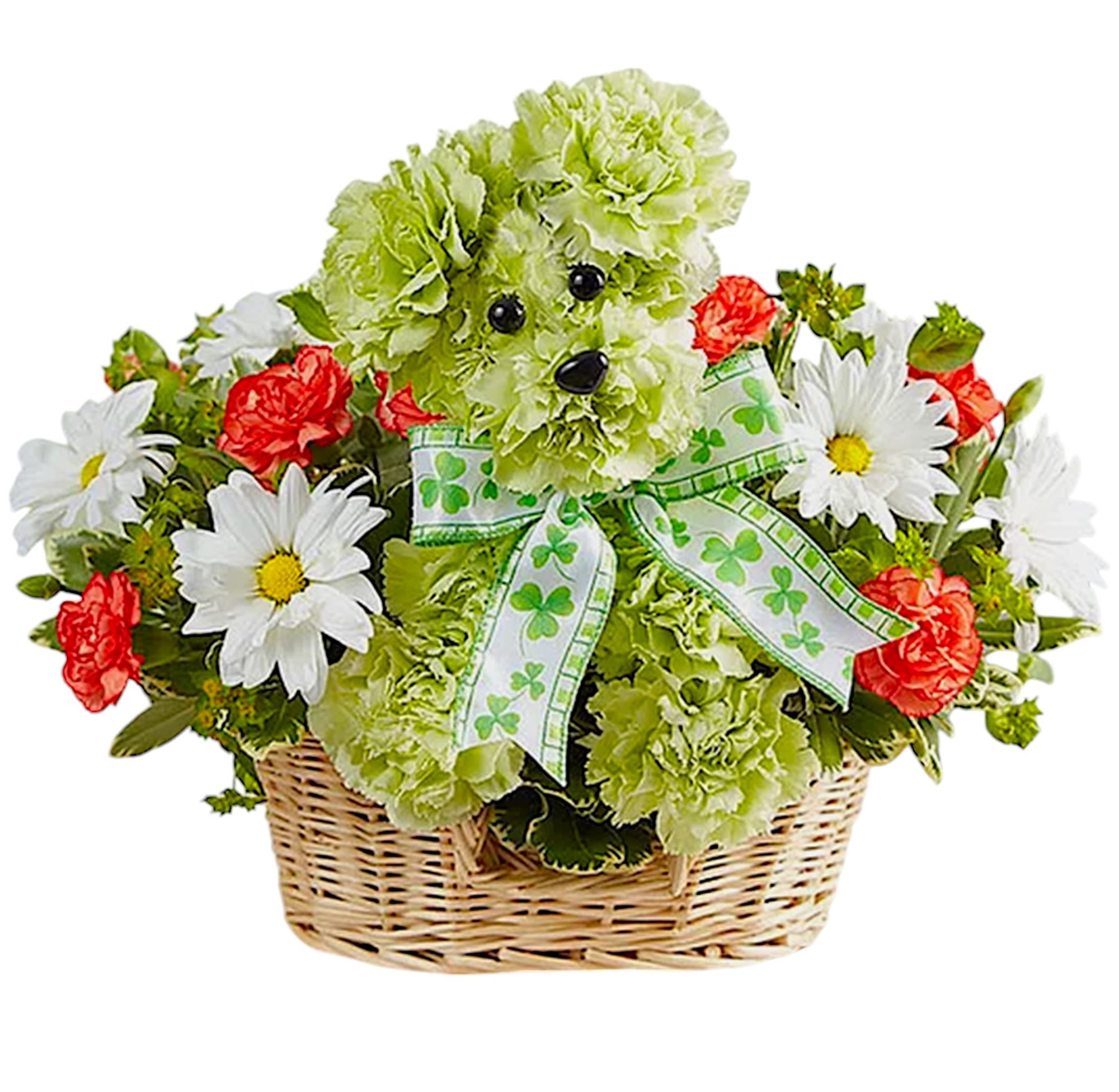 Lucky Dog - Unleash smiles with the lucky dog arrangement! Hand-designed in a charming basket, makes a great gift for pet lovers or anyone who could use a little puppy love in their life.  DETAILS Green carnations, orange mini carnations, white daisy poms, green button poms, bupleurum, &amp; greenery. Crafted in the shape of a dog, complete with eyes, nose and ribbon collar  BASKET INCLUDED 3.5"H x 5"D Orientation: One-Sided Item #NF-58  FLORIST-TO-DOOR Same day flower delivery on most orders placed online by 12 pm or 10 am on weekends PST.  BLOOM DETAILS Carnations Mini-Carnations Daisy-Mums Roses (Deluxe &amp; Premium) Greenery  The Standard Arrangement is approx. 11"H x 11"W (No Roses) The Deluxe Arrangement is approx. 13" H x 10" W (2 Roses) The Premium Arrangement is approx. 14" H x 13" W (4 Roses)  How to place an order? 1. You can place an order directly on this secure website OR 2. You can call in your order by dialing: (323) 262 - 9238 OR 3. You can visit our store (appointment recommended 323.262.9238)  NINFA'S FLOWERS 2405 WHITTIER BLVD. LOS ANGELES, CA. 90023  ATTENTION: *Please note that on busy holidays, Valentine's Day, and Mother's Day, we cannot verify if the recipient received the flowers until the following day. You can verify delivery on the website after 10:00 pm, call 323.262.9238 the following day after 10:00 am, or contact the recipient directly. Thank you for your patience and understanding.