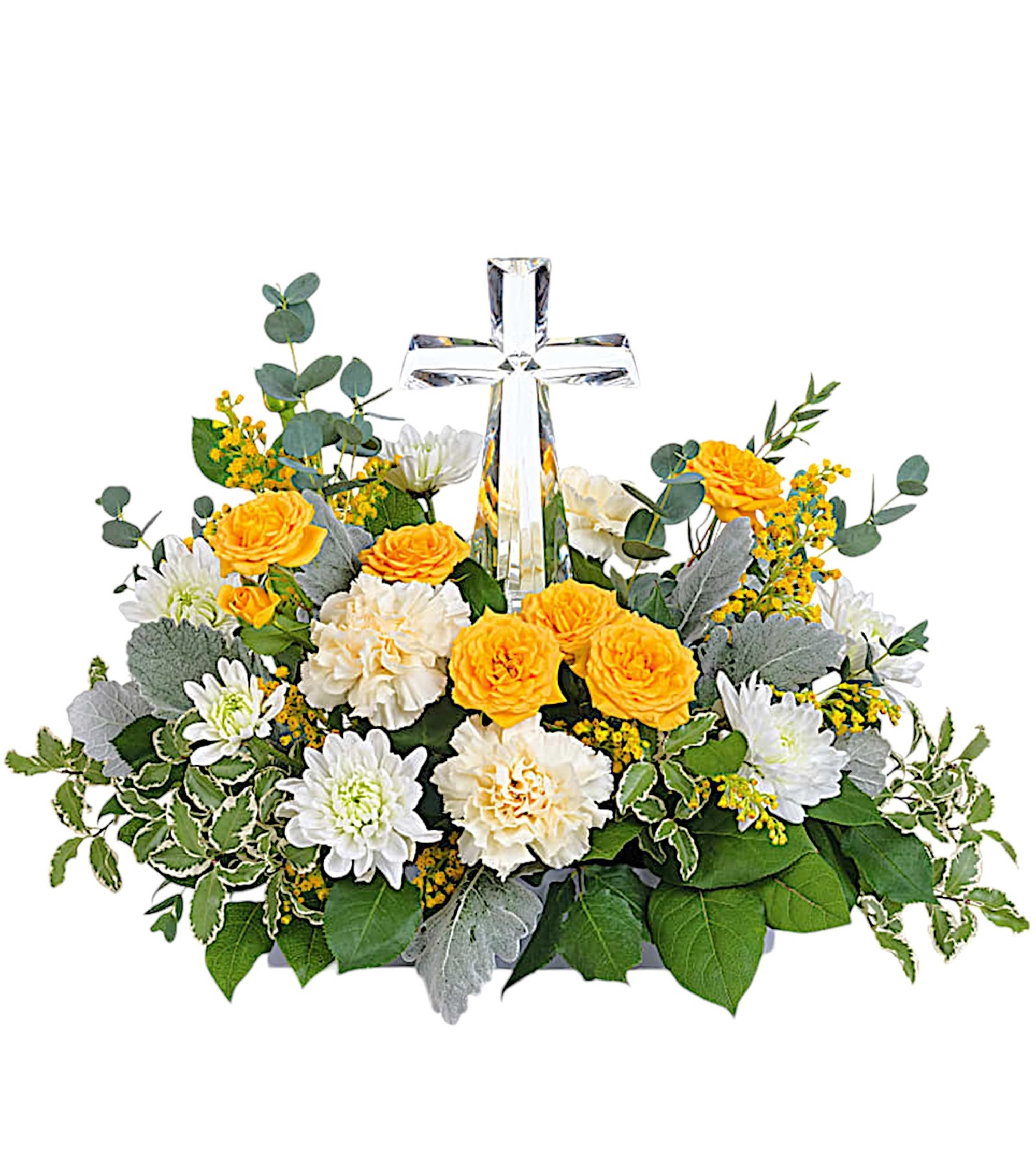 Be The Light Arrangement - Encircling a beautiful crystal cross keepsake, this sunny bouquet of roses and mums is a message of joy and hope.  DETAILS This hopeful arrangement includes yellow spray roses, light yellow carnations, white cushion spray chrysanthemums, yellow solidago, parvifolia eucalyptus, pitta negra, dusty miller and lemon leaf.   CROSS INCLUDED Orientation: One-Sided Item #NF-94  FLORIST-TO-DOOR Same day flower delivery on most orders placed online by 12 pm or 10 am on weekends PST.  BLOOM DETAILS Roses Carnations Spray Roses Cushion Mums Solidago Filler Greenery  The Standard Arrangement is approx.12 1/2" H x 18" W. The Deluxe Arrangement is approx. 12 1/2" H x 18 1/2" W. The Premium Arrangement is approx. 12 1/2" H x 19" W.  How to place an order?  1. You can place an order directly on this secure website OR 2. You can call in your order by dialing: (323) 262 - 9238 OR 3. You can visit our store (appointment recommended 323.262.9238)  NINFA'S FLOWERS 2405 WHITTIER BLVD. LOS ANGELES, CA. 90023  ATTENTION: *Please note that on busy holidays, Valentine's Day, and Mother's Day, we cannot verify if the recipient received the flowers until the following day. You can verify delivery on the website after 10:00 pm, call 323.262.9238 the following day after 10:00 am, or contact the recipient directly. Thank you for your patience and understanding.