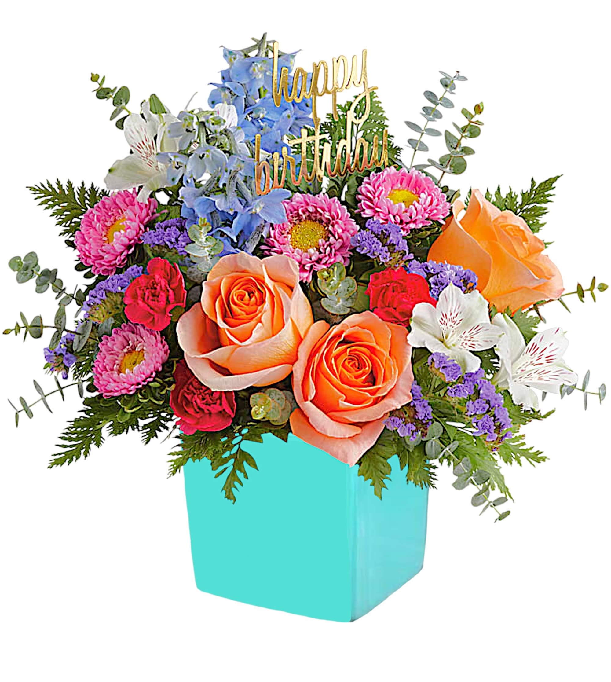 Best Wishes - Send a rainbow of best wishes on any occasion with this glorious arrangement. (Floral pick will be changed to occasion)  DETAILS Peach roses, white alstroemeria, miniature hot pink carnations, light blue delphinium and pink matsumoto asters are arranged with purple sinuata statice, spiral eucalyptus and leatherleaf fern.   VASE INCLUDED Orientation: All-Around Item #NF-106  FLORIST-TO-DOOR Same day flower delivery on most orders placed online by 12 pm or 10 am on weekends PST.   BLOOM DETAILS Roses Alstroemerias Matsumoto Asters Delphinium Mini-Carnations Statice Filler Greenery  The Standard Arrangement is approx. 13 1/4" H x 14" W. The Deluxe Arrangement is approx. 14" H x 14 1/4" W. The Premium Arrangement is approx. 14 1/4" H x 14 3/4" W.  How to place an order?  1. You can place an order directly on this secure website. OR 2. You can call in your order by dialing: (323) 262 - 9238 OR 3. You can visit our store (appointment recommended 323.262.9238)  NINFA'S FLOWERS 2405 WHITTIER BLVD. LOS ANGELES, CA. 90023  ATTENTION: *Please note that on busy holidays, Valentine's Day, and Mother's Day, we cannot verify if the recipient received the flowers until the following day. You can verify delivery on the website after 10:00 pm, call 323.262.9238 the following day after 10:00 am, or contact the recipient directly. Thank you for your patience and understanding.