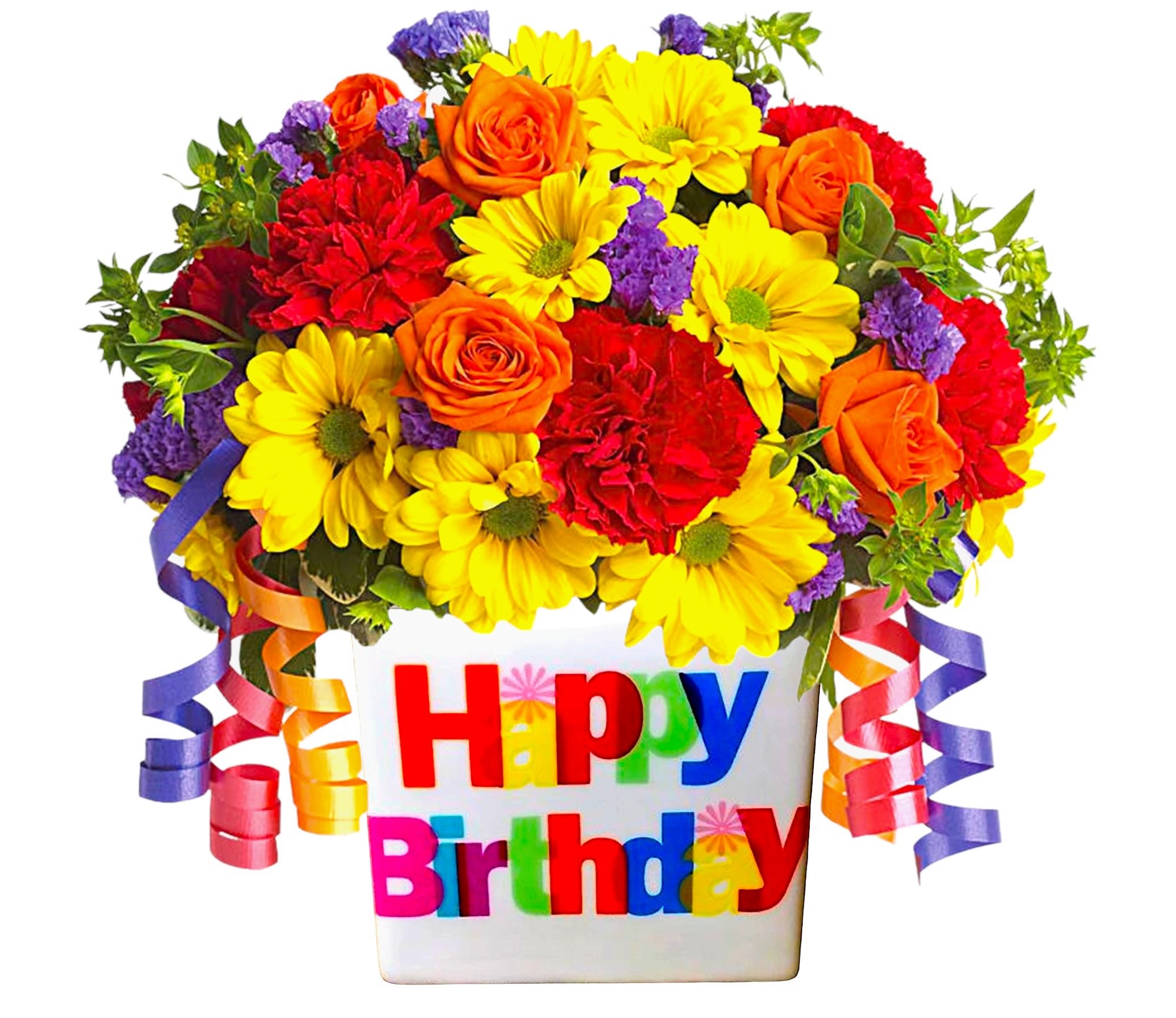 Birthday flower arrangement in a white container with colorful ribbon curls