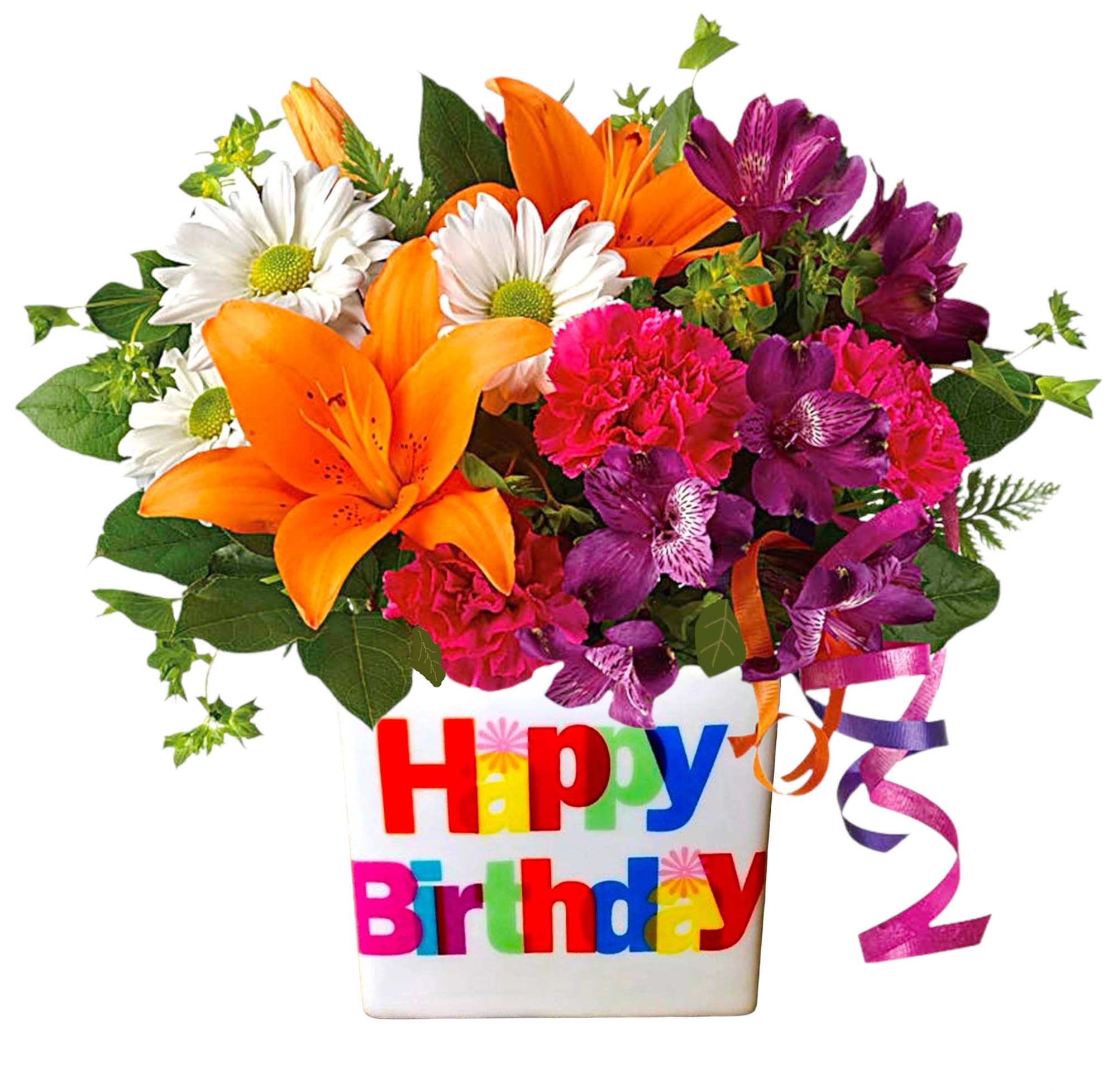 Birthday Party Starter - There's no mistaking this arrangement for anything but a Happy Birthday wish! With its colorful streamers and birthday vase design, this bright arrangement is perfect to send to a loved one on their birthday to get the party started!  DETAILS Pretty orange roses, fuchsia roses, fuchsia carnations, orange Asiatic lilies, purple alstroemerias and more are joined by curling ribbon and delivered in a very special keepsake vase.  VASE INCLUDED Orientation: One-Sided Item #NF-108  FLORIST-TO-DOOR Same day flower delivery on most orders placed online by 12 pm or 10 am on weekends PST.  BLOOM DETAILS Roses  Carnations Alstroemerias Daisy-Mums Bupleurum Greenery  The Standard Arrangement is approx. 10 1/2" H x 11 1/4" W (NO ROSES) The Deluxe Arrangement is approx. 11 1/4" H x 11 1/2" W (NO FUCHSIA ROSES) The Premium Arrangement is approx. 11" H x 12" W  How to place an order? 1. You can place an order directly on this secure website. OR 2. You can call in your order by dialing: (323) 262 - 9238 OR 3. You can visit our store (appointment recommended 323.262.9238)  NINFA'S FLOWERS 2405 WHITTIER BLVD. LOS ANGELES, CA. 90023  ATTENTION: *Please note that on busy holidays, Valentine's Day, and Mother's Day, we cannot verify if the recipient received the flowers until the following day. You can verify delivery on the website after 10:00 pm, call 323.262.9238 the following day after 10:00 am, or contact the recipient directly. Thank you for your patience and understanding.