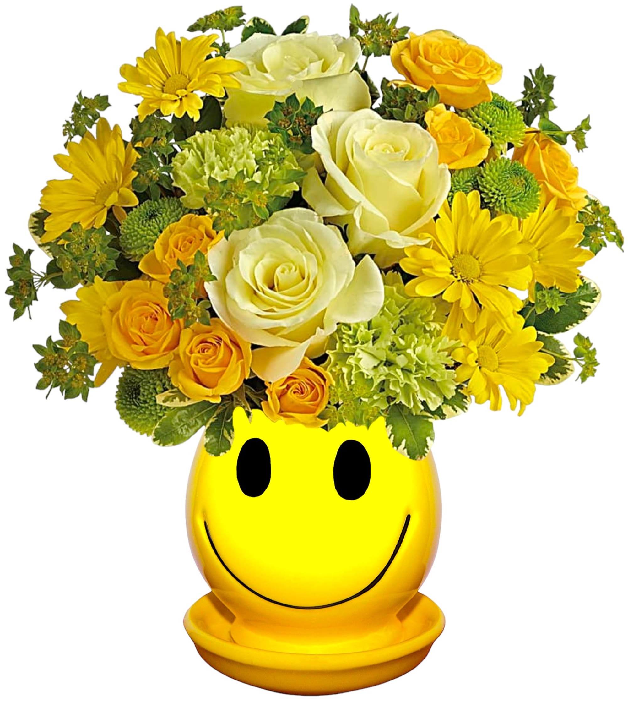Yellow and white flower arrangement in a smiley-face vase