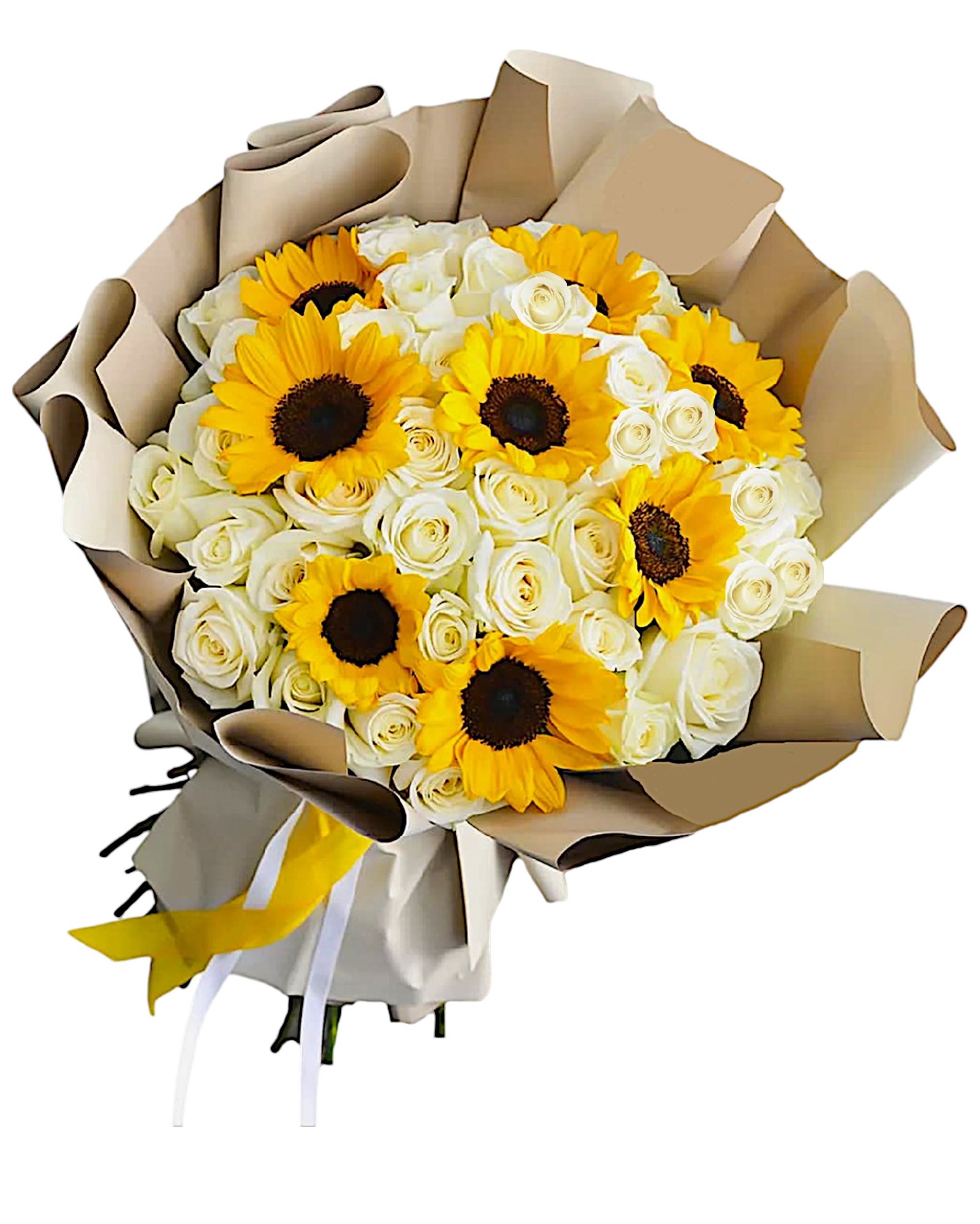 WHITE ROSES AND YELLOW SUNFLOWERS RAMO BUCHON  - Surprise them with a beautiful bouquet of white roses and yellow sunflowers. They'll be dazzled by this lovely, all-time favorite gift - and impressed by your impeccable taste.  DETAILS This Ramon Buchon of white roses with sunflowers is wrapped in kraft paper.   VASE NOT INCLUDED Orientation: All-Around Item #NF-123  FLORIST-TO-DOOR Same day flower delivery on most orders placed online by 12 pm or 10 am on weekends PST.  BLOOM DETAILS Roses Sunflowers  Standard - (Shown - 40 White Roses and 8 Yellow Sunflowers) Deluxe - 50 Roses and 10 Yellow Sunflowers Premium - 60 Roses and 12 Yellow Sunflowers  How to place an order? 1. You can place an order directly on this secure website OR 2. You can call in your order by dialing: (323) 262 - 9238 OR 3. You can visit our store (appointment recommended 323.262.9238)  NINFA'S FLOWERS 2405 WHITTIER BLVD. LOS ANGELES, CA. 90023  ATTENTION: *Please note that on busy holidays, Valentine's Day, and Mother's Day, we cannot verify if the recipient received the flowers until the following day. You can verify delivery on the website after 10:00 pm, call 323.262.9238 the following day after 10:00 am, or contact the recipient directly. Thank you for your patience and understanding.