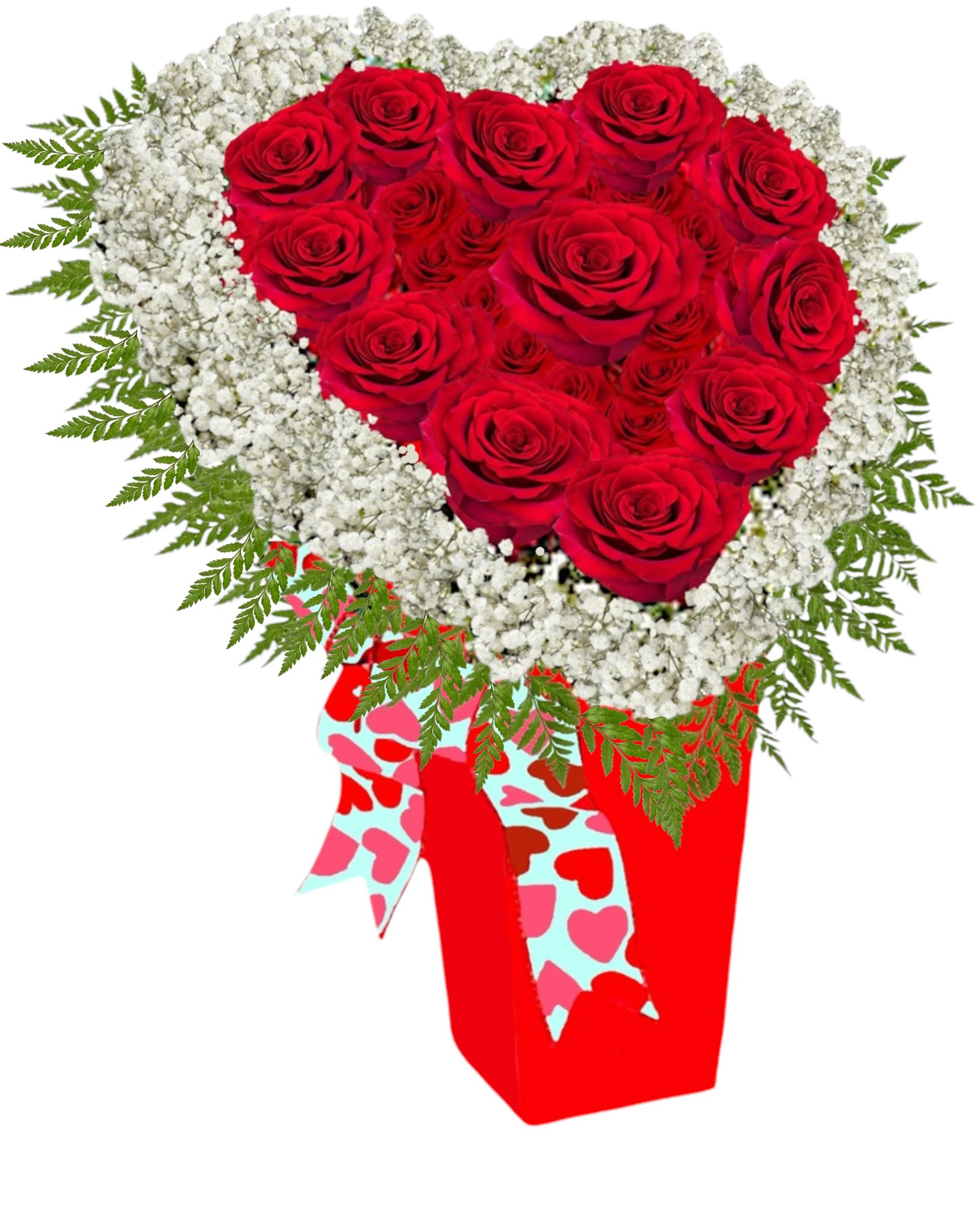 Heart-shaped red rose arrangement with white baby's breath in a gift box