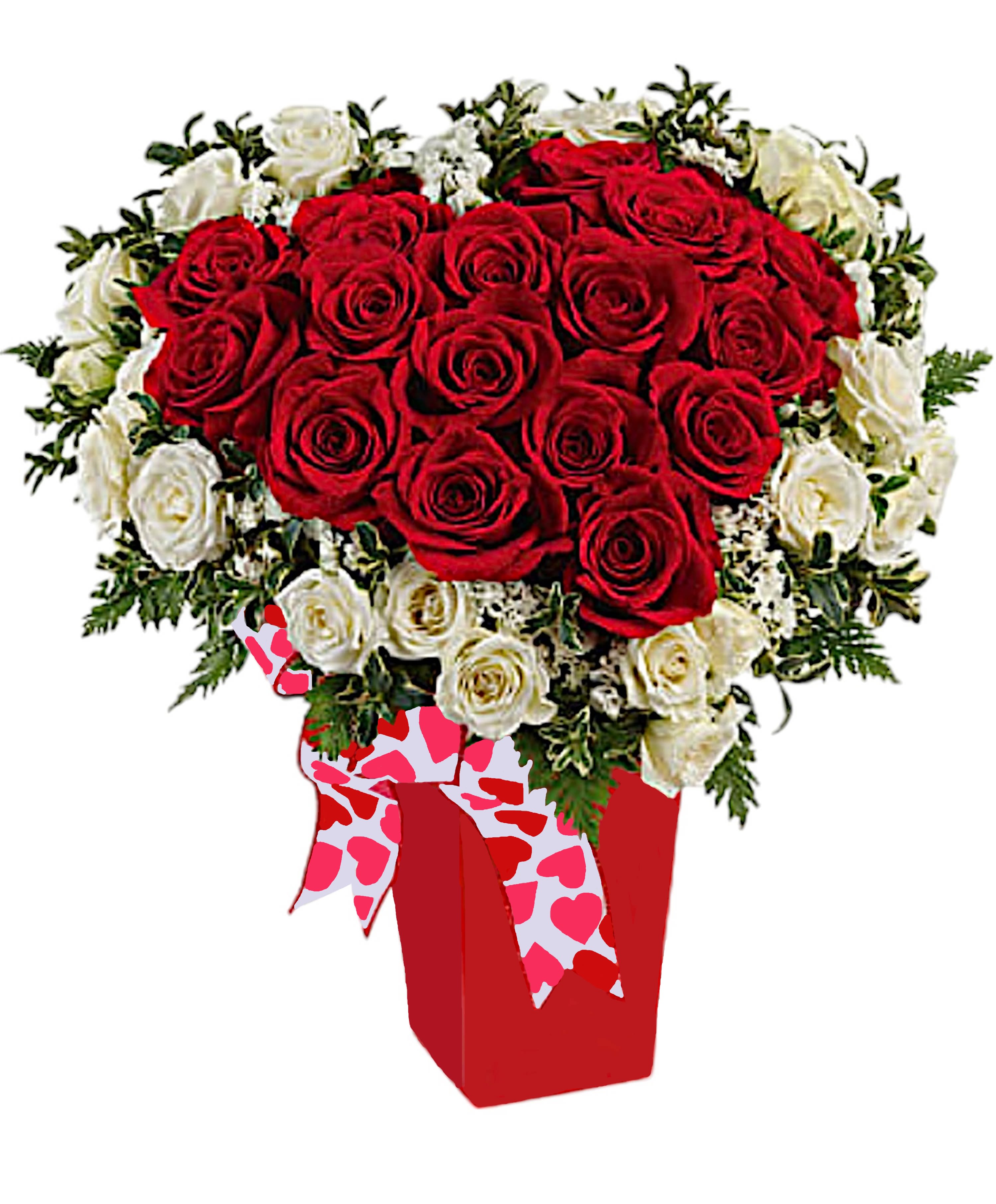 Heart and Soul - Red and White Roses Luxury - Send someone this soulful floral gift and there'll be no mistaking that you're giving them your heart! A heart made of red and white roses is nestled in a cloud of white filler flowers, &amp; greenery &amp; presented in a red vase adorned with a pretty ribbon.  DETAILS Red roses &amp; white roses accented with white filler and greenery.  VASE INCLUDED Orientation: One-Sided Item #NF-336  FLORIST-TO-DOOR Same day flower delivery on most orders placed online by 12 pm or 10 am on weekends PST.  BLOOM DETAILS Roses Spray Roses White Filler Greenery  The Standard Arrangement is approx. 16" H x 11" W (16 Red Roses &amp; White Spray Mini-Roses) The Deluxe Arrangement is approx. 16" H x 11" W (32 Red Roses &amp; White Spray Mini-Roses) The Premium Arrangement is approx. 18" H x 13" W (31 Red Roses, 8 White Roses, &amp; White Spray Mini-Roses)  How to place an order? 1. You can place an order directly on this secure website OR 2. You can call in your order by dialing: (323) 262 - 9238 OR 3. You can visit our store (appointment recommended 323.262.9238)  NINFA'S FLOWERS 2405 WHITTIER BLVD. LOS ANGELES, CA. 90023  ATTENTION: *Please note that on busy holidays, Valentine's Day, and Mother's Day, we cannot verify if the recipient received the flowers until the following day. You can verify delivery on the website after 10:00 pm, call 323.262.9238 the following day after 10:00 am, or contact the recipient directly. Thank you for your patience and understanding.
