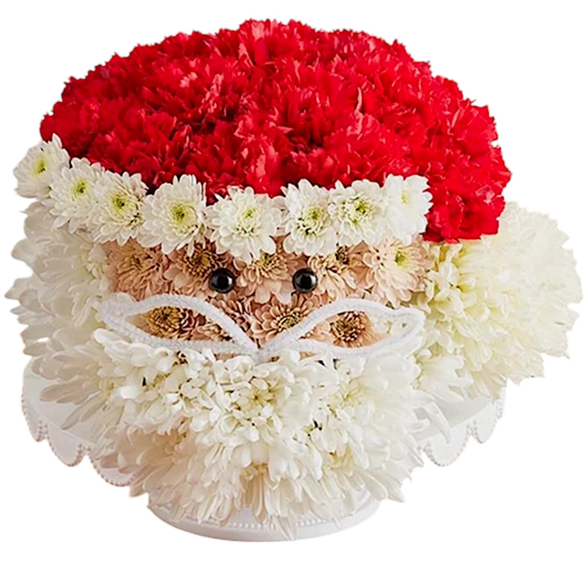 Jolly Santa Cake Arrangement - Here’s a jolly holiday favorite that really takes the cake! Our one-of-a-kind flower creation is handcrafted from red and white blooms to look just like Santa Claus, right down to his fluffy white beard and signature hat. It’s a whimsical gift for anyone who believes in the magic of Christmas, bringing a merry touch to their holiday home.  DETAILS Forward facing, 3D, cake-shaped floral arrangement with red carnations &amp; cremons, white cushion poms &amp; button poms Crafted in the shape of Santa’s face, complete with eyes and nose Arrangement arrives on a raised white pedestal plate and wrapped in clear cellophane tied with a satin ribbon  PEDESTAL PLATE INCLUDED Orientation: All-Around Item #NF-806  FLORIST-TO-DOOR Same day flower delivery on most orders placed online by 12 pm or 10 am on weekends PST  BLOOM DETAILS Carnations Cremons Cushion Mums Button Mums  The Standard Arrangement is approx. 7"H x 9"W  How to place an order?  1. You can place an order directly on this secure website. OR 2. You can call in your order by dialing: (323) 262 - 9238. OR 3. You can visit our store (appointment recommended 323.262.9238)  NINFA'S FLOWERS 2405 WHITTIER BLVD. LOS ANGELES, CA. 90023