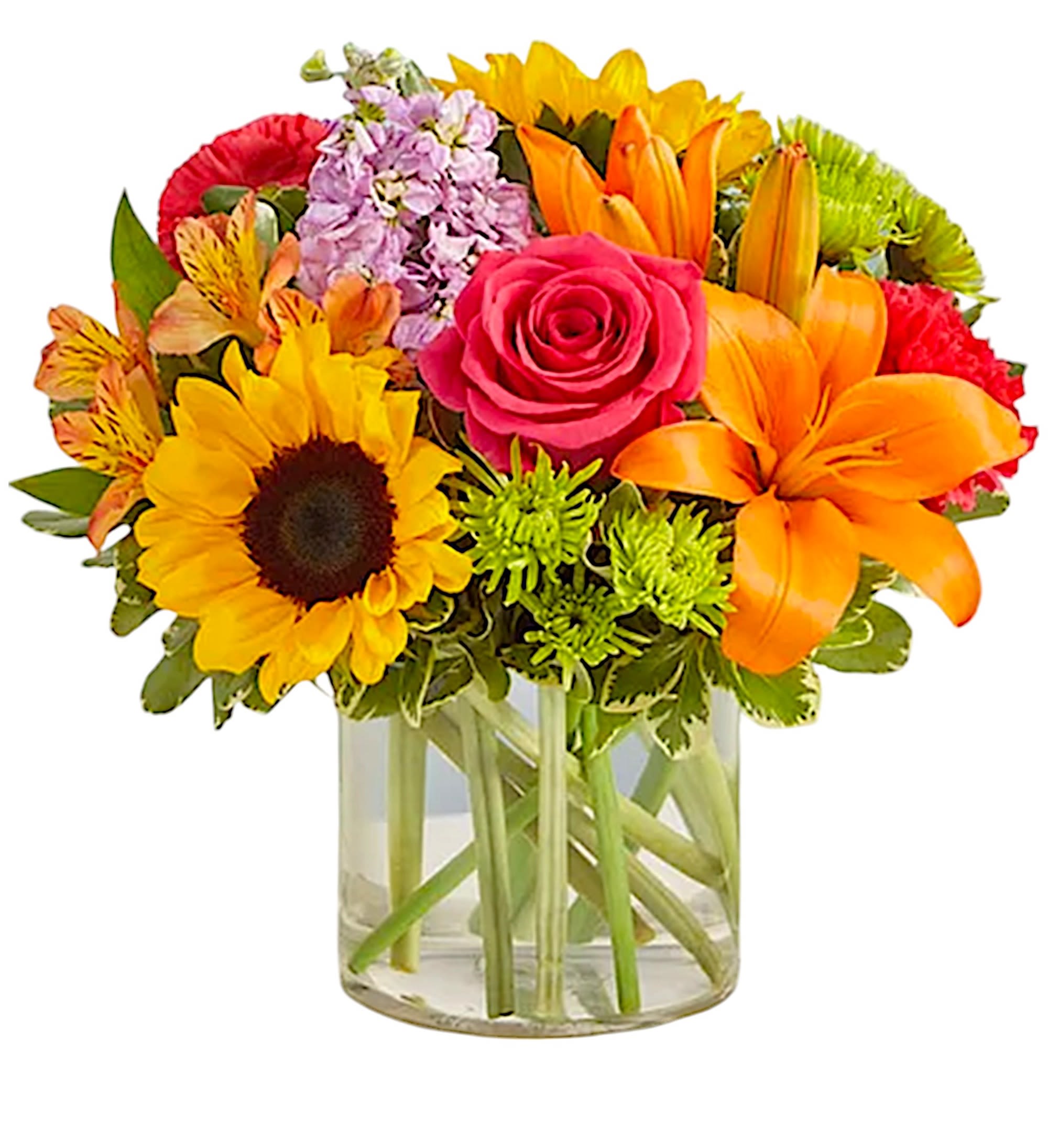 Mixed bouquet with sunflowers, roses, lilies, and chrysanthemums in a glass vase