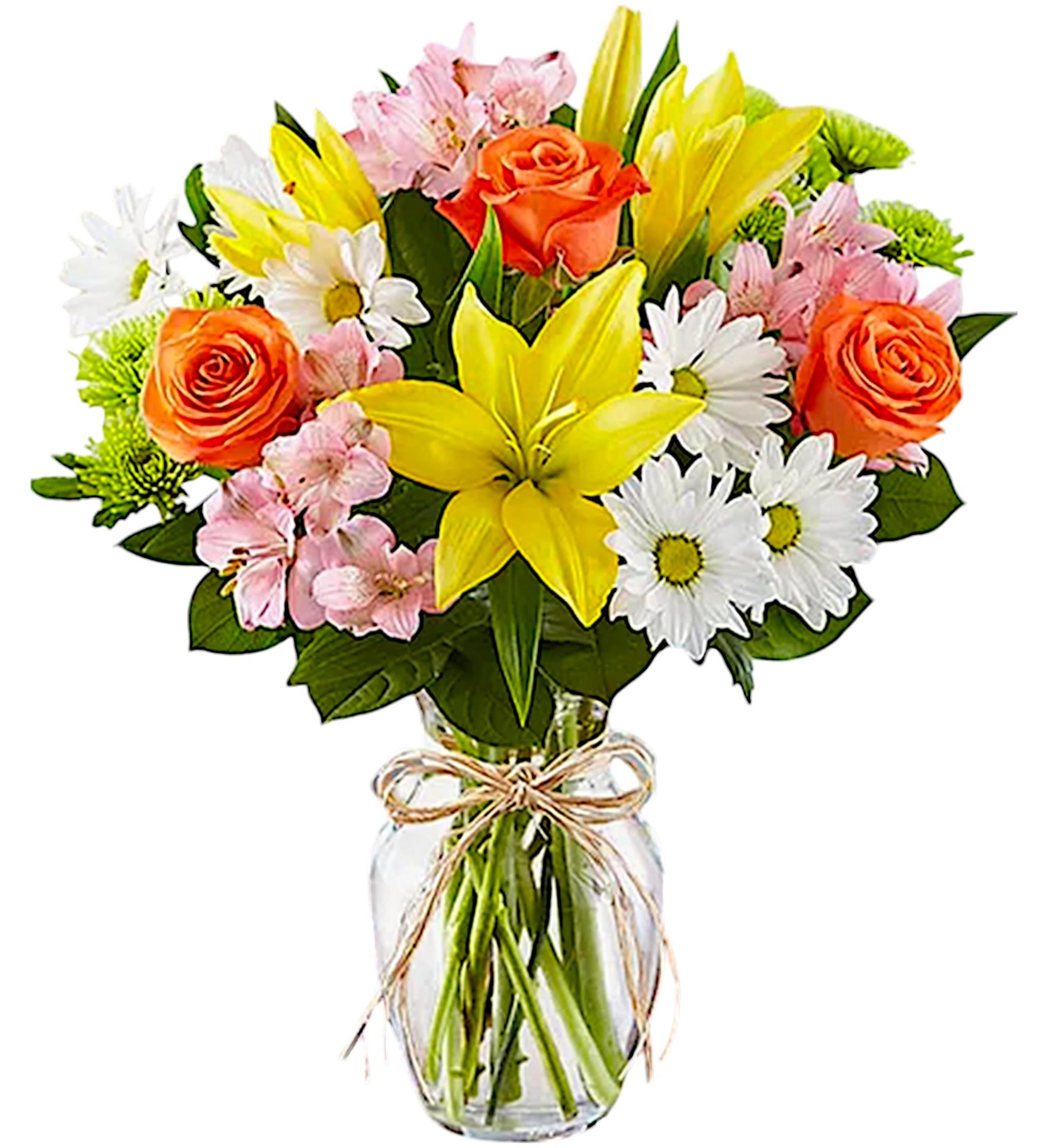 Bouquet of yellow lilies, orange roses, and white daisies in a glass vase