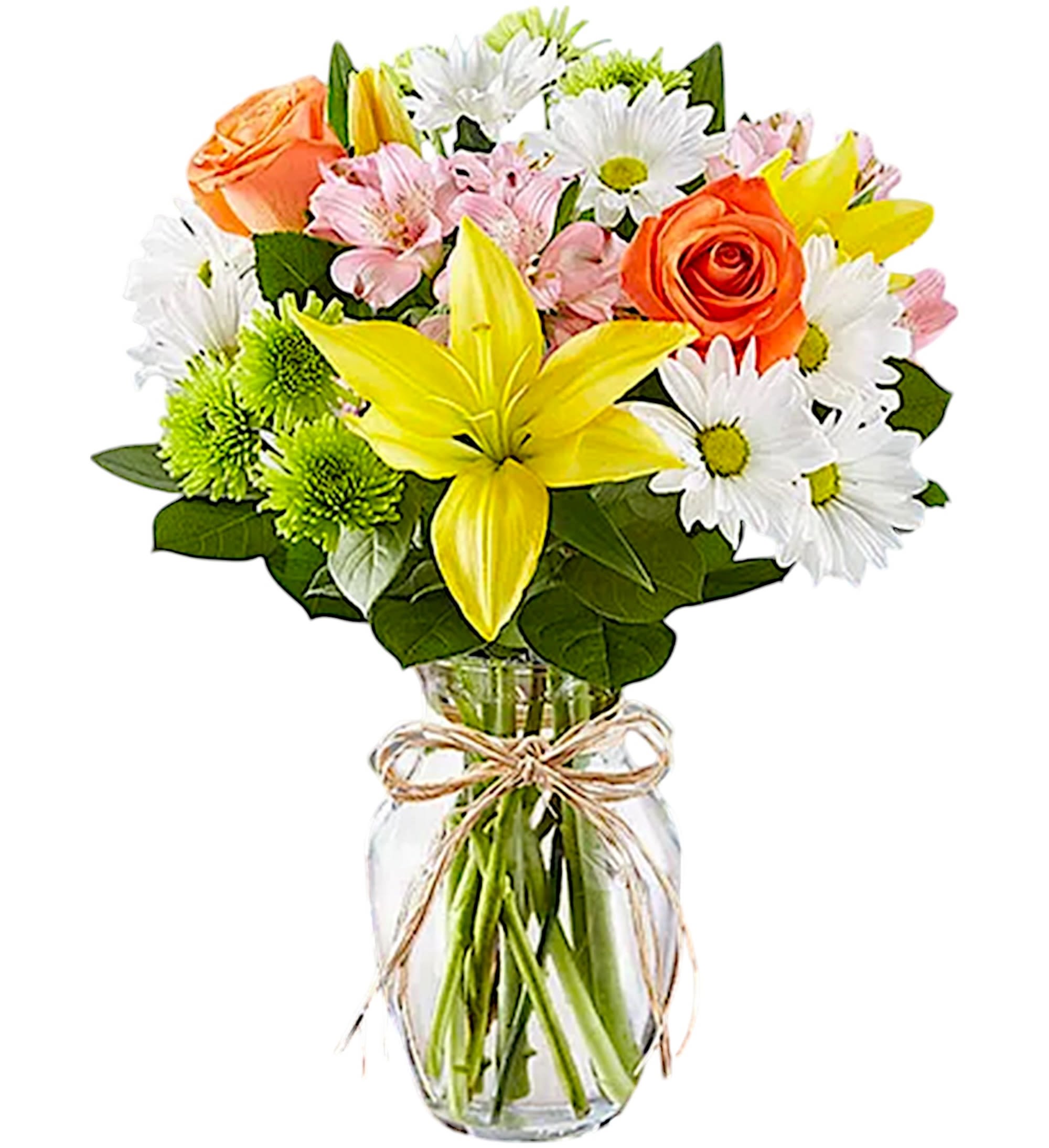 Petite Fields of Europe - The rustic beauty of hand tied bouquets fresh from a European flower market come alive in our best-selling arrangement. Handcrafted by our skilled artisan florists, this vibrant mix is gathered inside a clear glass vase tied with raffia for a touch of Old-World charm.  DETAILS All-around arrangement with orange roses; yellow Asiatic lilies; pink Peruvian lilies (alstroemeria); athos pom; white daisy poms; accented with assorted greenery.  VASE INCLUDED 8"H Orientation: All-Around Item #NF-144  FLORIST-TO-DOOR Same day flower delivery on most orders placed online by 12 pm or 10 am on weekends PST.  BLOOM DETAILS Roses Daisy Pompons Asiatic Lilies Alstroemerias Button Pompons Greenery  The Standard Arrangement is approx. 15"H x 11"W  How to place an order? 1. You can place an order directly on this secure website OR 2. You can call in your order by dialing: (323) 262 - 9238 OR 3. You can visit our store (appointment recommended 323.262.9238)  NINFA'S FLOWERS 2405 WHITTIER BLVD. LOS ANGELES, CA. 90023  ATTENTION: *Please note that on busy holidays, Valentine's Day, and Mother's Day, we cannot verify if the recipient received the flowers until the following day. You can verify delivery on the website after 10:00 pm, call 323.262.9238 the following day after 10:00 am, or contact the recipient directly. Thank you for your patience and understanding.