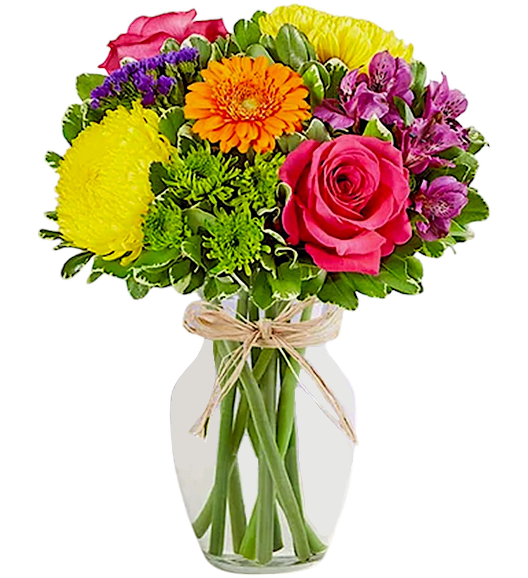 Colorful mixed bouquet in a clear glass vase with a twine bow