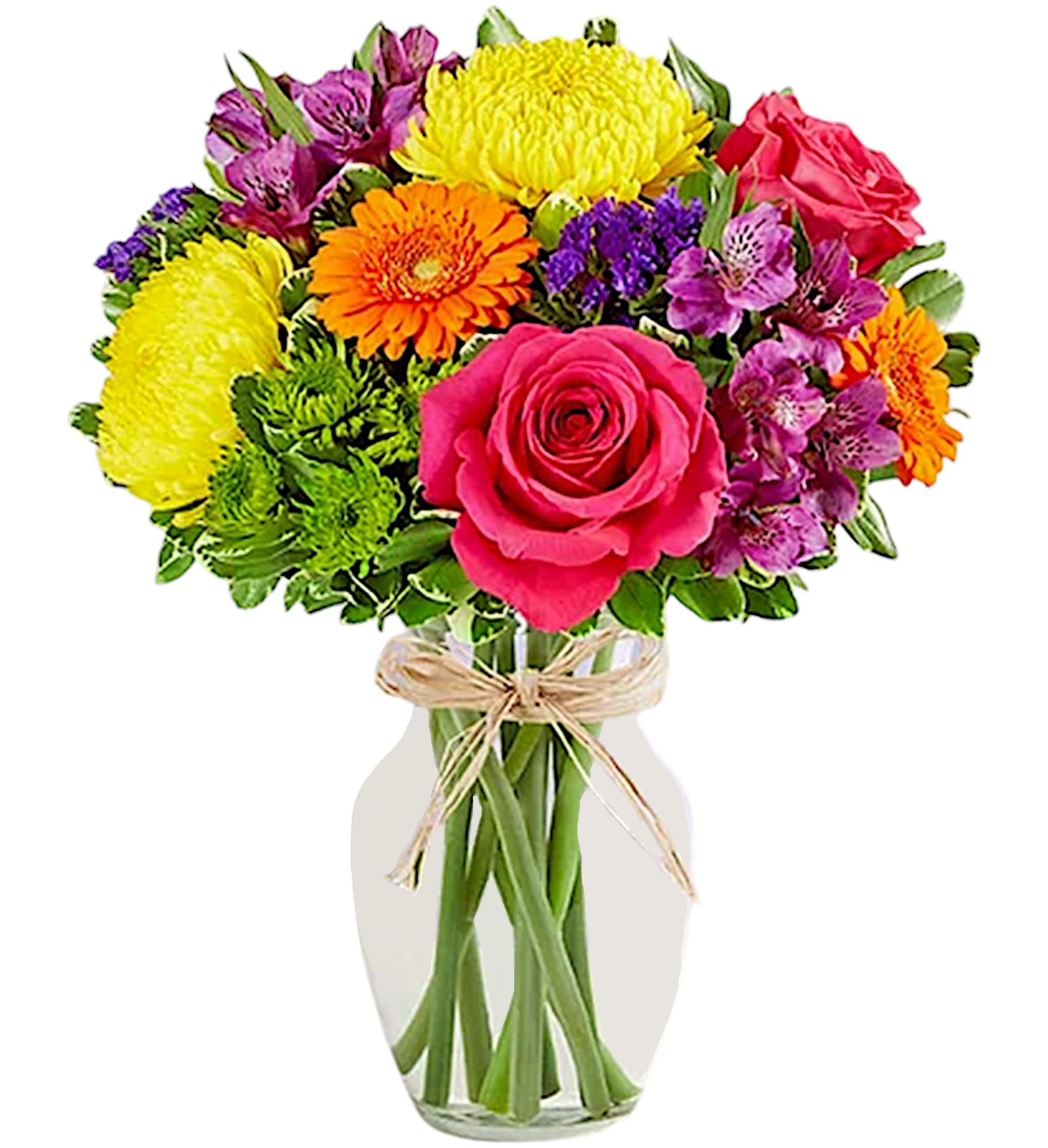 Mixed bouquet of roses, gerbera daisies, and alstroemeria in a glass vase