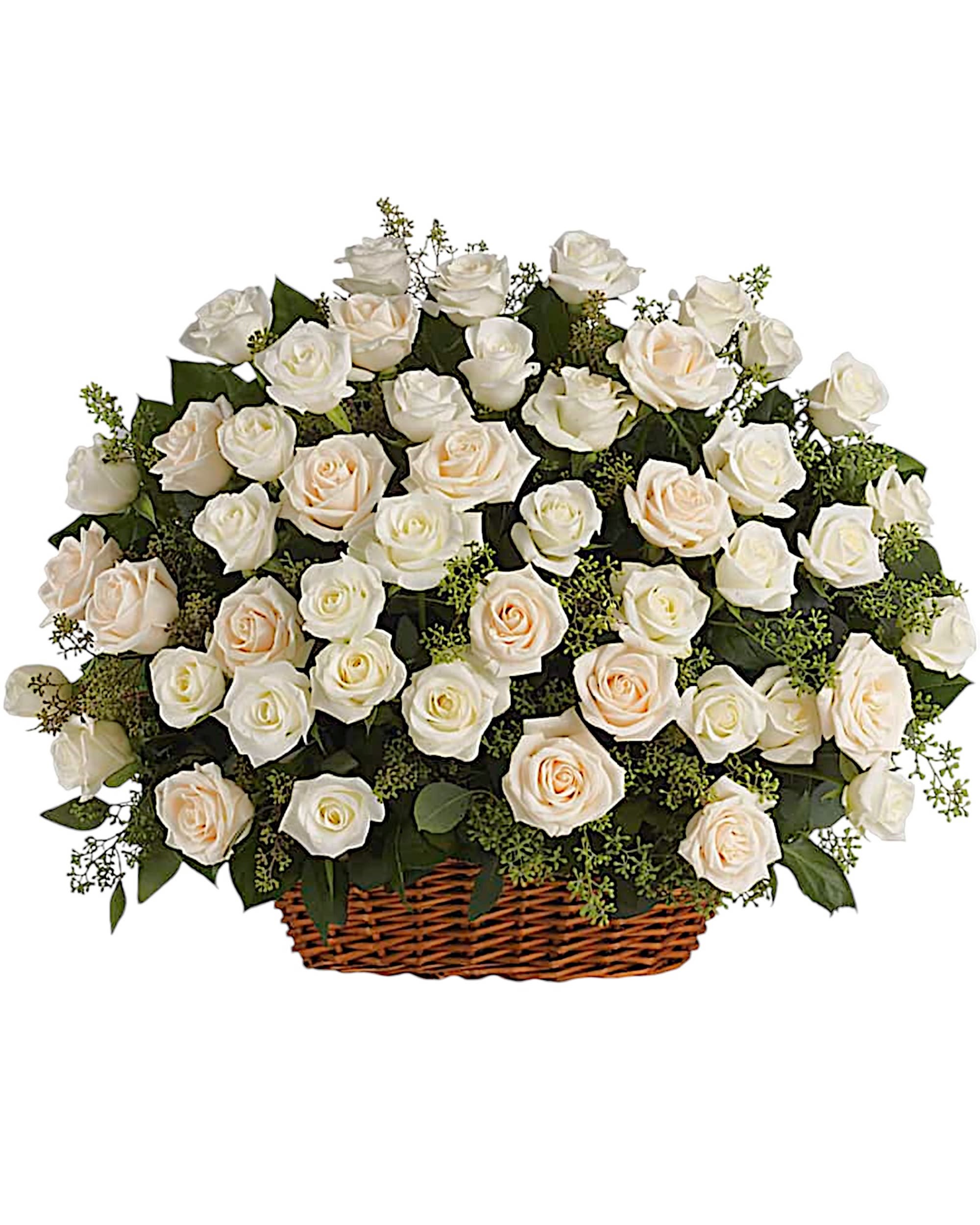 Bountiful Rose Basket - The everlasting beauty of a traditional English garden is evoked with this bountiful basket of radiant white and crème roses. Fresh and peaceful, this lovely arrangement will console and uplift, at home or at the service.  DETAILS White and crème roses, presented with fragrant seeded eucalyptus in a large, rectangular basket.  BASKET INCLUDED Orientation: One-Sided Item #NF-1136  FLORIST-TO-DOOR Same day flower delivery on most orders placed online by 12 pm or 10 am on weekends PST  BLOOM DETAILS Roses Greenery  The Standard Arrangement is approx. 20 1/2" H x 25" W The Deluxe Arrangement is approx. 21" H x 25" W The Premium Arrangement is approx. 22" H x 25" W  How to place an order?  1. You can place an order directly on this secure website. OR 2. You can call in your order by dialing: (323) 262 - 9238. OR 3. You can visit our store (appointment recommended 323.262.9238)  NINFA'S FLOWERS 2405 WHITTIER BLVD. LOS ANGELES, CA. 90023  ATTENTION: *Please note that on busy holidays, Valentine's Day, and Mother's Day, we cannot verify if the recipient received the flowers until the following day. You can verify delivery on the website after 10:00 pm, call 323.262.9238 the following day after 10:00 am, or contact the recipient directly. Thank you for your patience and understanding.