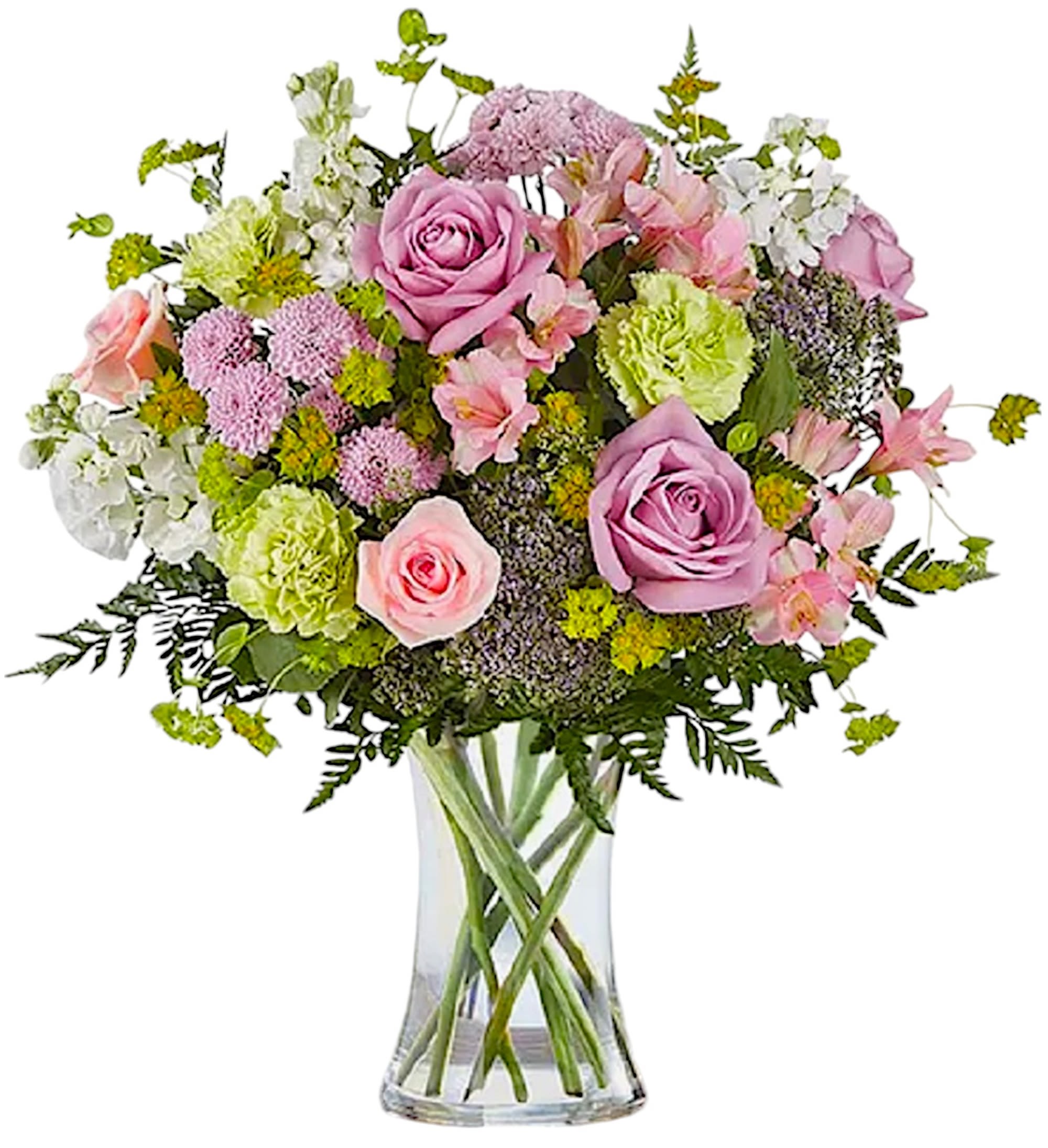 Pink and lavender mixed bouquet in a clear glass vase