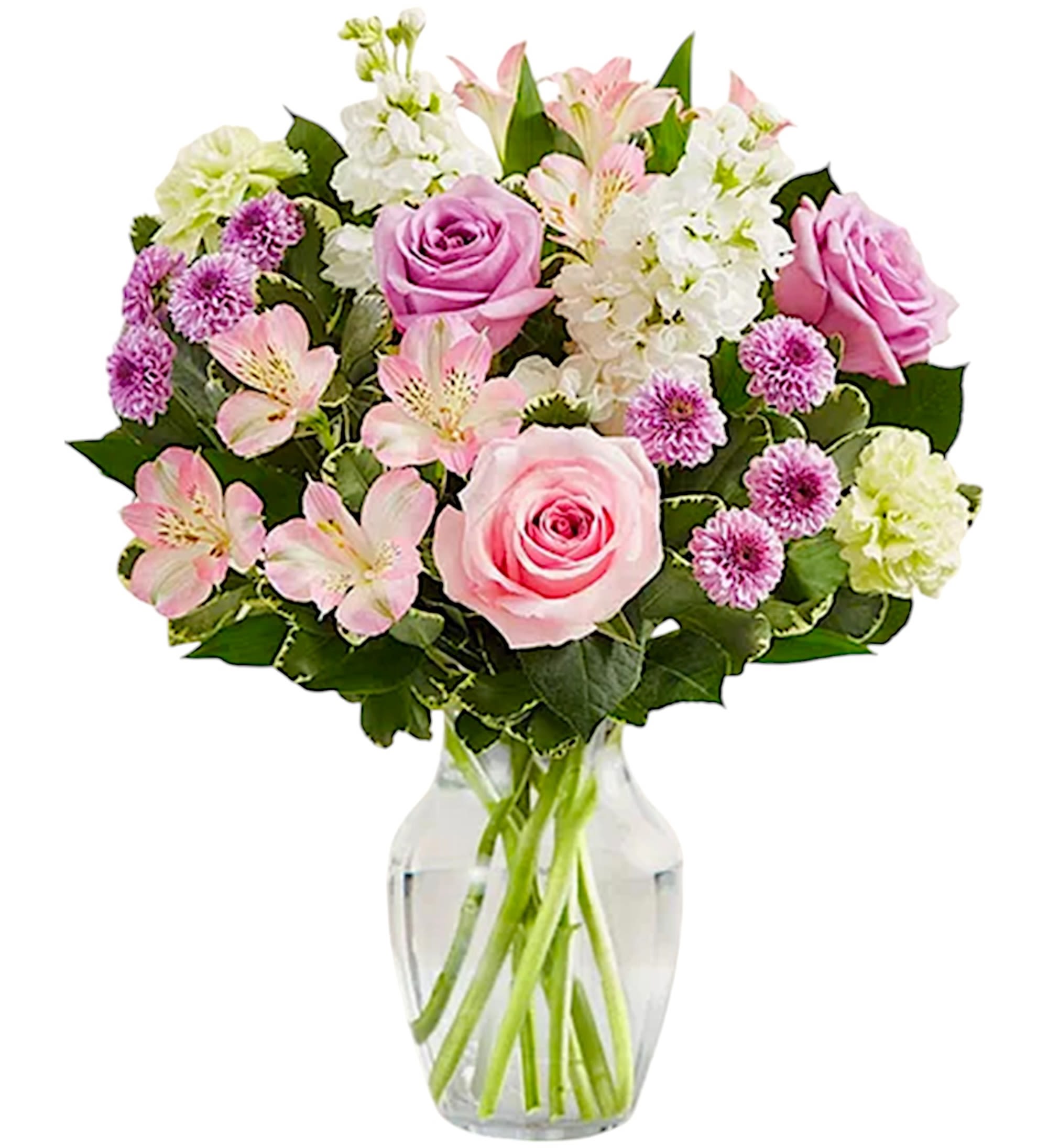 Pink and white mixed bouquet in a clear glass vase