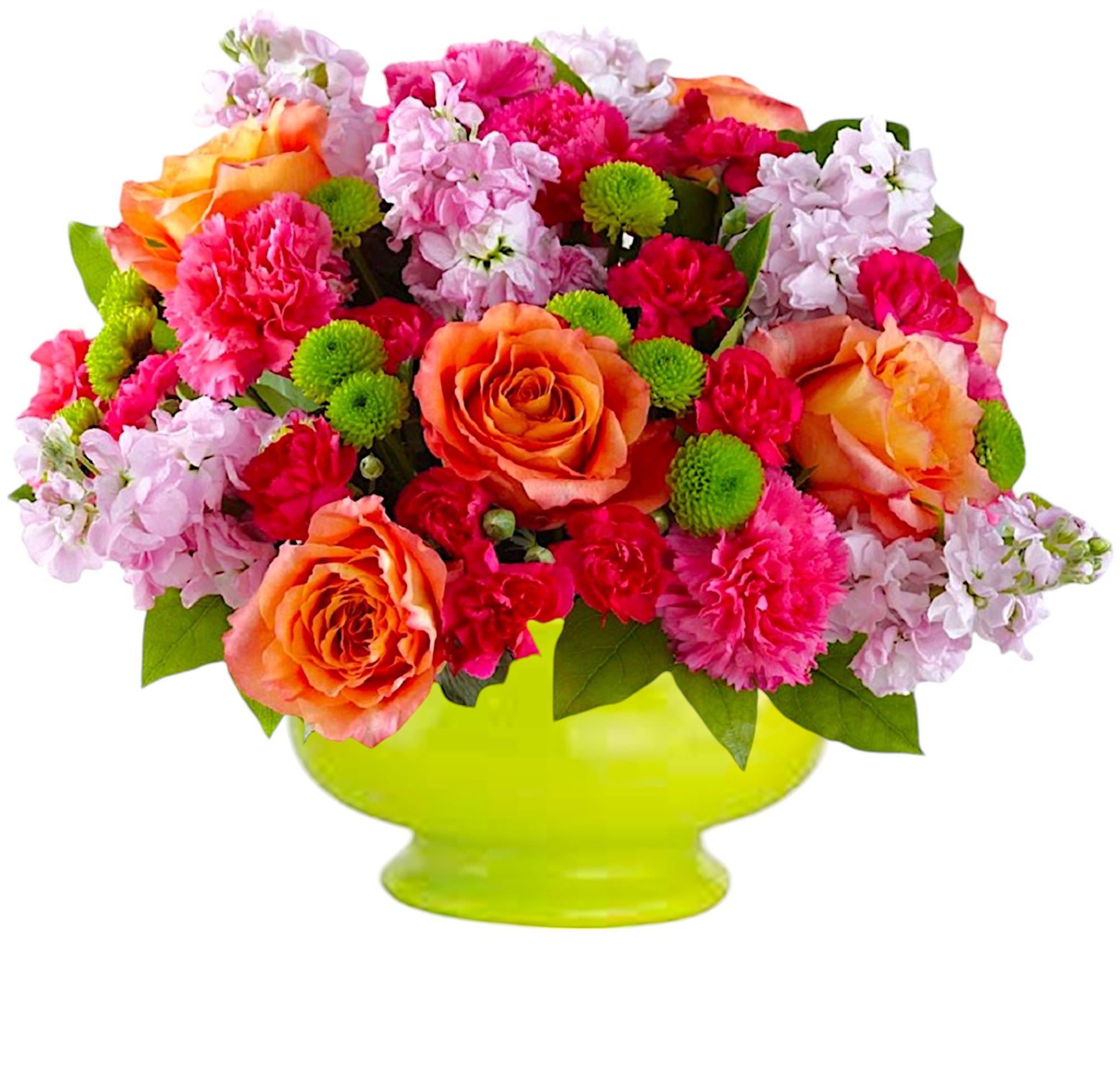 Mixed bouquet of orange roses, pink carnations, and lavender blooms in a lime green vase