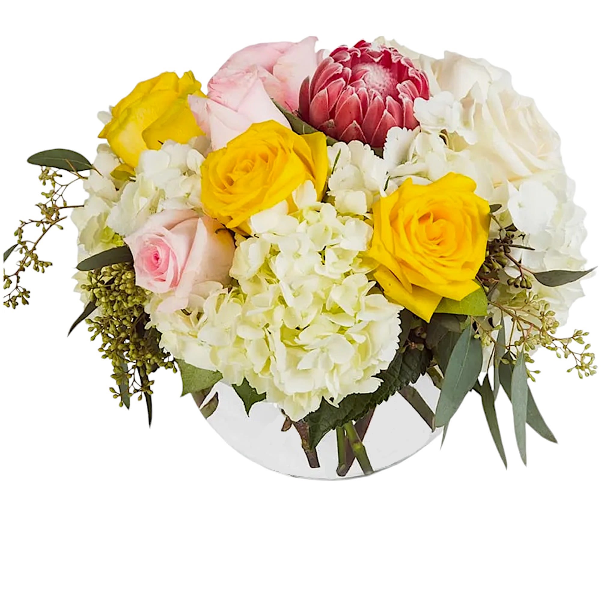 Hello Love by BloomNation™ - The Pink Ice Protea create brings a hint of the tropics to this classic bouquet.  It is the perfect gift for a Birthday, Thank You, or Just Because.   DETAILS This arrangement includes roses, hydrangea, and a pink ice protea.  VASE INCLUDED Orientation: All-Around Item #NF-813  FLORIST-TO-DOOR Same day flower delivery on most orders placed online by 12 pm or 10 am on weekends PST.  BLOOM DETAILS Roses Protea Hydrangeas Greenery  The Standard Arrangement is approx. 11" D X 11" H The Deluxe Arrangement is approx. 11.5" D X 11.5" H The Premium Arrangement is approx. 12" D X 12" H  How to place an order? 1. You can place an order directly on this secure website OR 2. You can call in your order by dialing: (323) 262 - 9238 OR 3. You can visit our store (appointment recommended 323.262.9238)  NINFA'S FLOWERS 2405 WHITTIER BLVD. LOS ANGELES, CA. 90023  ATTENTION: *Please note that on busy holidays, Valentine's Day, and Mother's Day, we cannot verify if the recipient received the flowers until the following day. You can verify delivery on the website after 10:00 pm, call 323.262.9238 the following day after 10:00 am, or contact the recipient directly. Thank you for your patience and understanding.