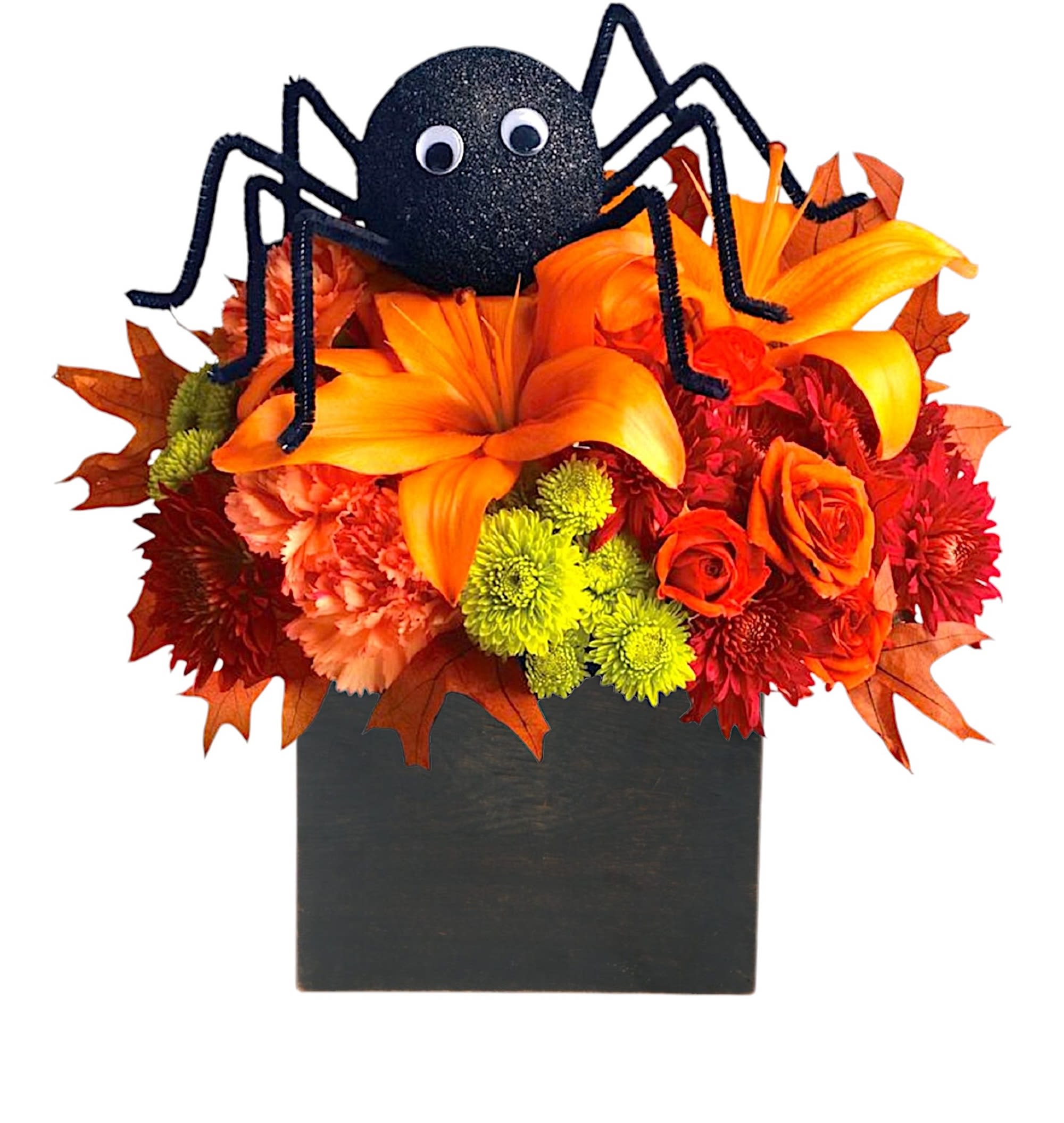 Halloween floral arrangement with a black spider topper in a black box