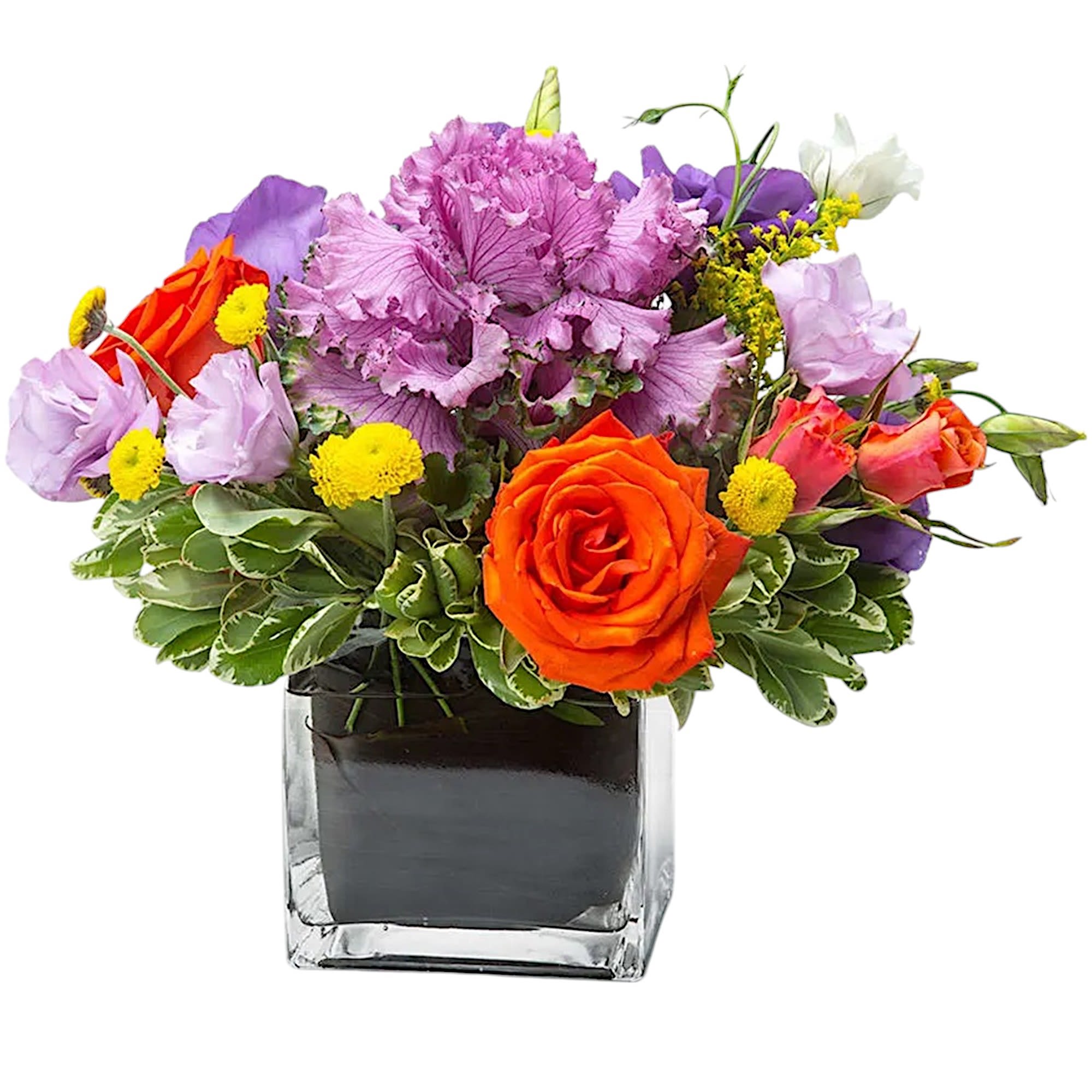 Vibrant Variety by BloomNation™ - Surprise them with a beautiful vibrant flower arrangement. An arrangement of beautiful vibrant flowers. They'll be dazzled by this vibrant gift - and impressed by your impeccable taste.  DETAILS Orange roses, lavender lisianthus, ornamental cabbage flower, yellow button mums, seasonal filler and greenery.   VASE INCLUDED Orientation: All-Around Item #NF-863  FLORIST-TO-DOOR Same day flower delivery on most orders placed online by 12 pm or 10 am on weekends PST.  BLOOM DETAILS Roses Lisianthus Cabbage Flower Button Mums Seasonal Filler Greenery  The Standard Arrangement is approx. 10" W x 10" H.  The Deluxe Arrangement is approx. 11" W x 11" H. The Premium Arrangement is approx.12" W x 12" H.   How to place an order? 1. You can place an order directly on this secure website OR 2. You can call in your order by dialing: (323) 262 - 9238 OR 3. You can visit our store (appointment recommended 323.262.9238)  NINFA'S FLOWERS 2405 WHITTIER BLVD. LOS ANGELES, CA. 90023  ATTENTION: *Please note that on busy holidays, Valentine's Day, and Mother's Day, we cannot verify if the recipient received the flowers until the following day. You can verify delivery on the website after 10:00 pm, call 323.262.9238 the following day after 10:00 am, or contact the recipient directly. Thank you for your patience and understanding.