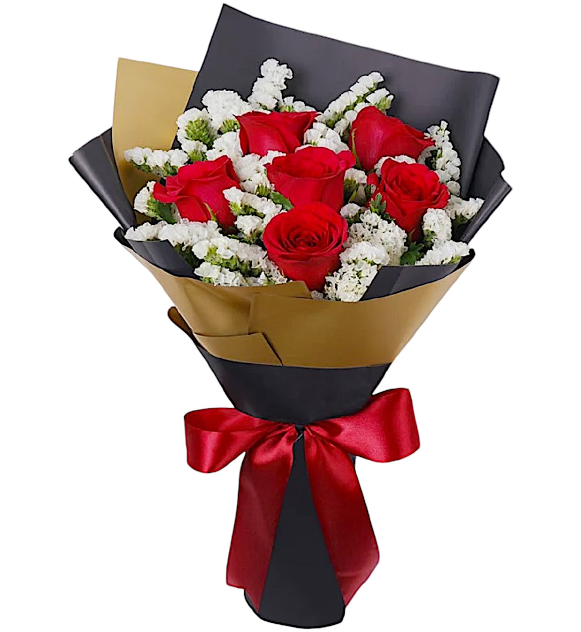 Bouquet of red roses with white filler flowers wrapped in black and gold paper