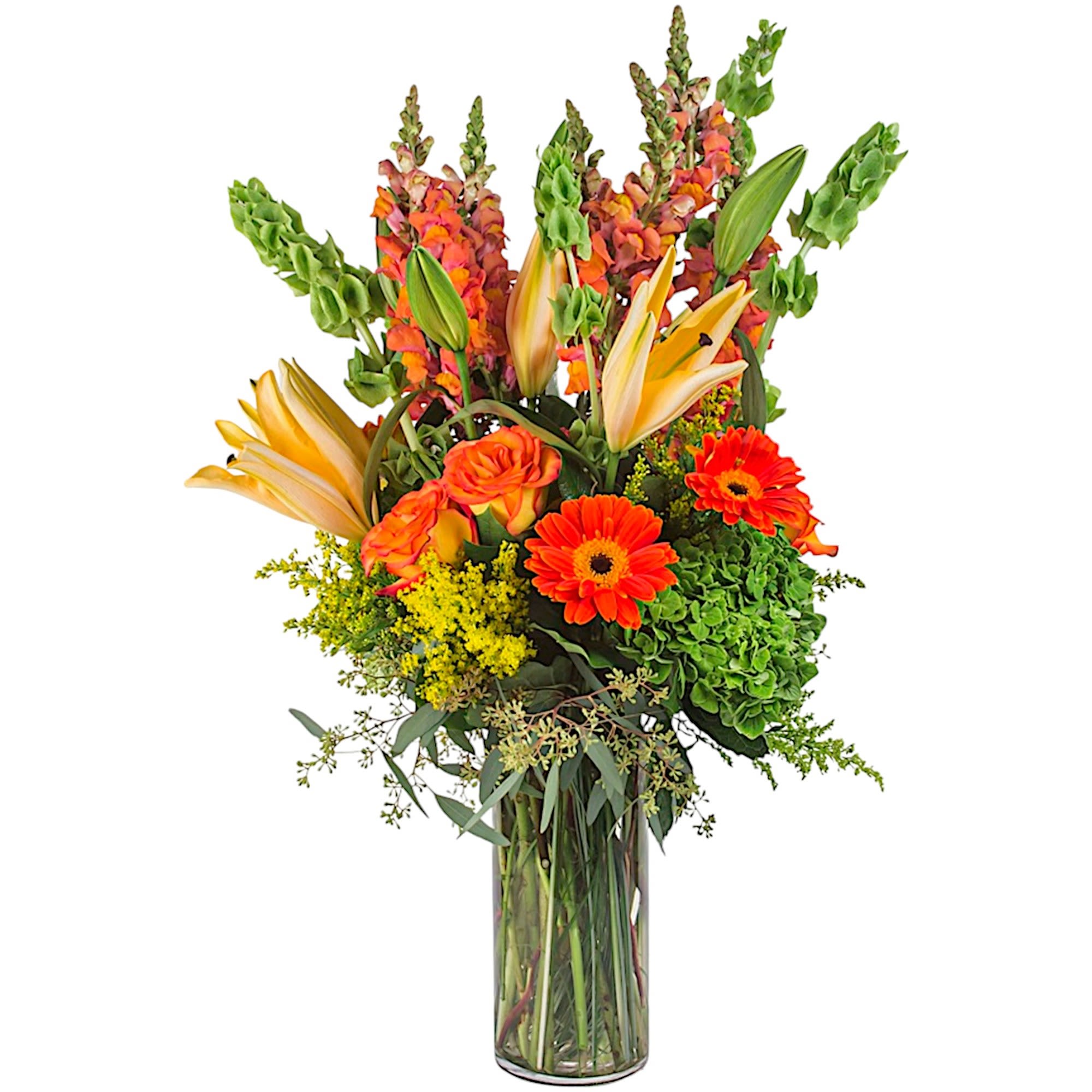 Buenos Dias by BloomNation™ - Rise and shine with this tall and bright arrangement. Perfect to brighten someone's day.  DETAILS Tall reaching daisies, bells of Ireland, and lilies in bright orange and green make this arrangement pop.   VASE INCLUDED Orientation: One-Sided Item #NF-943 FLORIST-TO-DOOR  BLOOM DETAILS Roses Gerbera Daisies Hydrangea Bells of Ireland Lilies Snapdragon Solidago Filler Greenery  The Standard Arrangement is approx. 16" W X 31" H The Deluxe Arrangement is approx. 16" W X 31" H The Premium Arrangement is approx. 16" W X 31" H  How to place an order?  1. You can place an order directly on this secure website. OR 2. You can call in your order by dialing: (323) 262 - 9238 OR 3. You can visit our store (appointment recommended 323.262.9238)  NINFA'S FLOWERS 2405 WHITTIER BLVD. LOS ANGELES, CA. 90023  ATTENTION: *Please note that on busy holidays, Valentine's Day, and Mother's Day, we cannot verify if the recipient received the flowers until the following day. You can verify delivery on the website after 10:00 pm, call 323.262.9238 the following day after 10:00 am, or contact the recipient directly. Thank you for your patience and understanding.