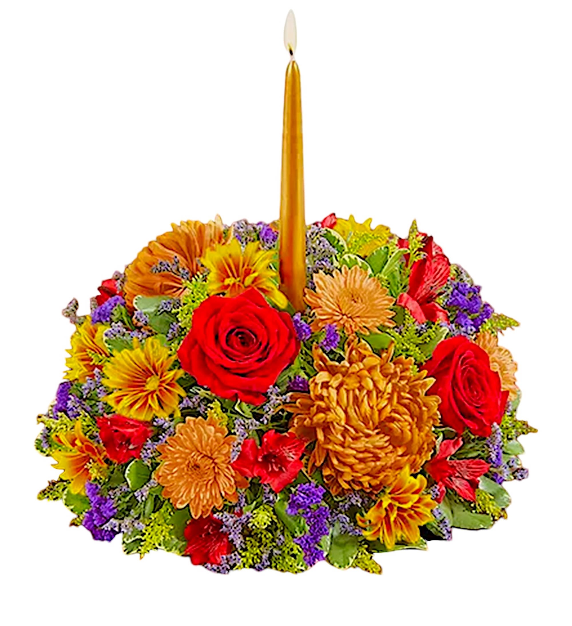 Colorful floral centerpiece with a tall gold candle in the middle