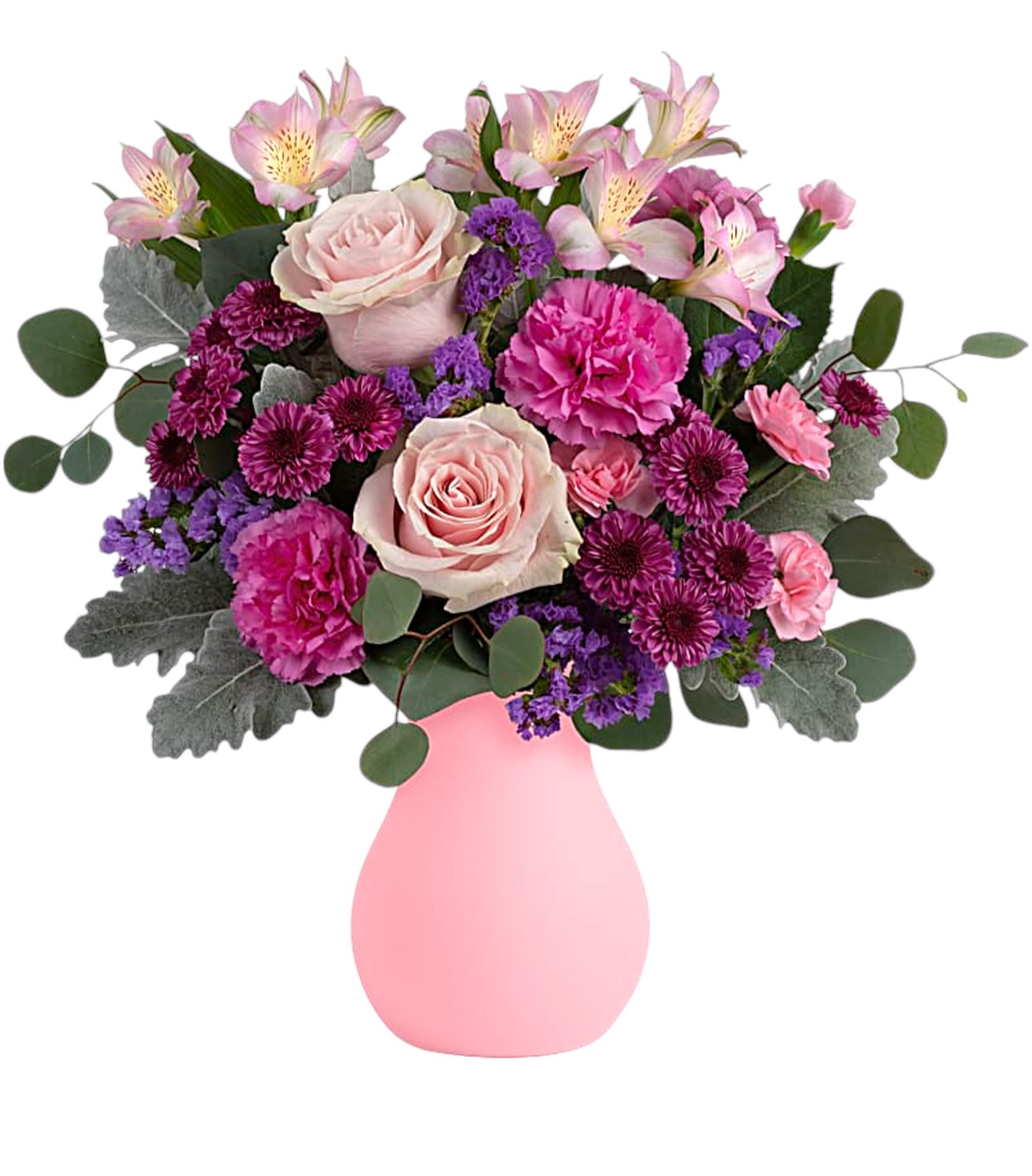 Pink and purple mixed bouquet in a pink vase
