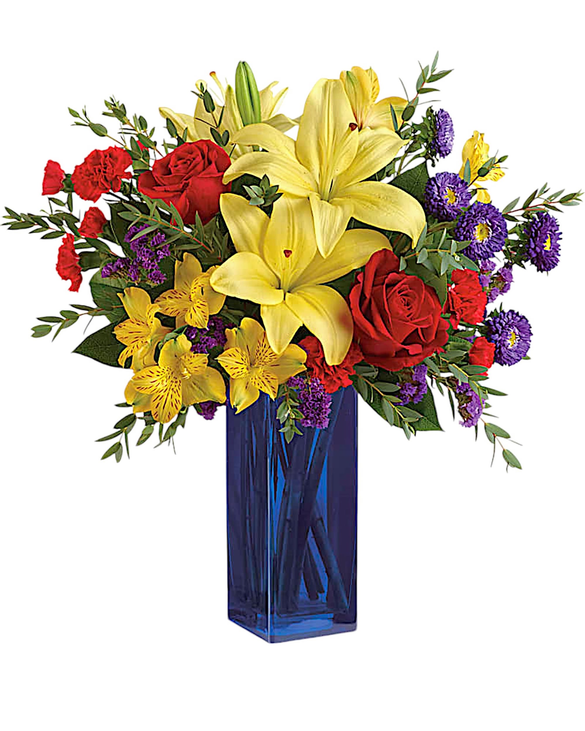 Bouquet of yellow lilies, red roses, and purple flowers in a blue vase