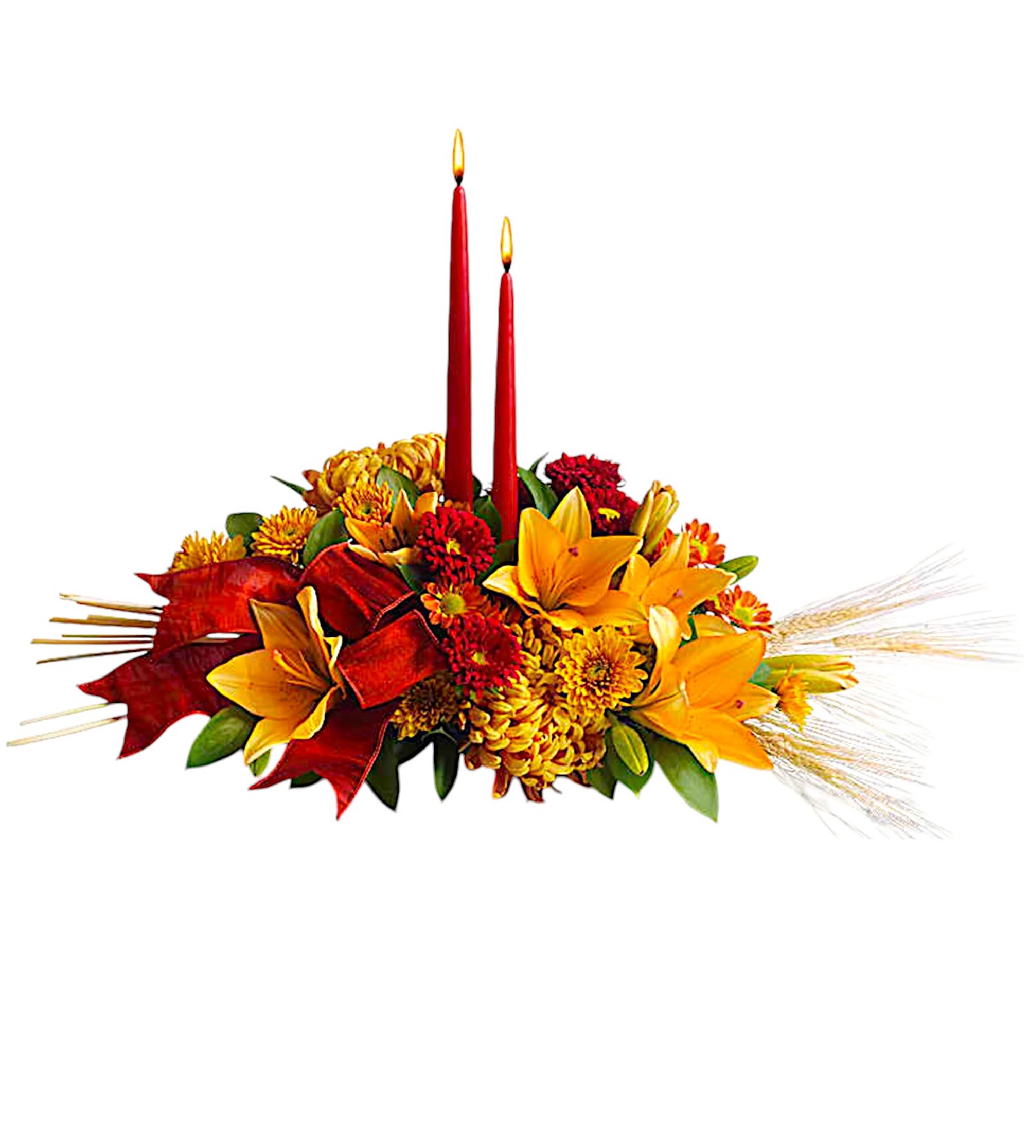 Autumn floral centerpiece with two red candles and yellow flowers