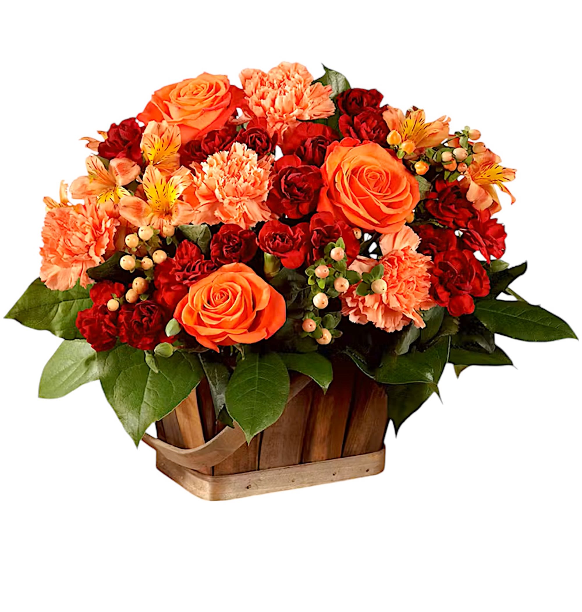 Orange and red flower arrangement in a wooden basket