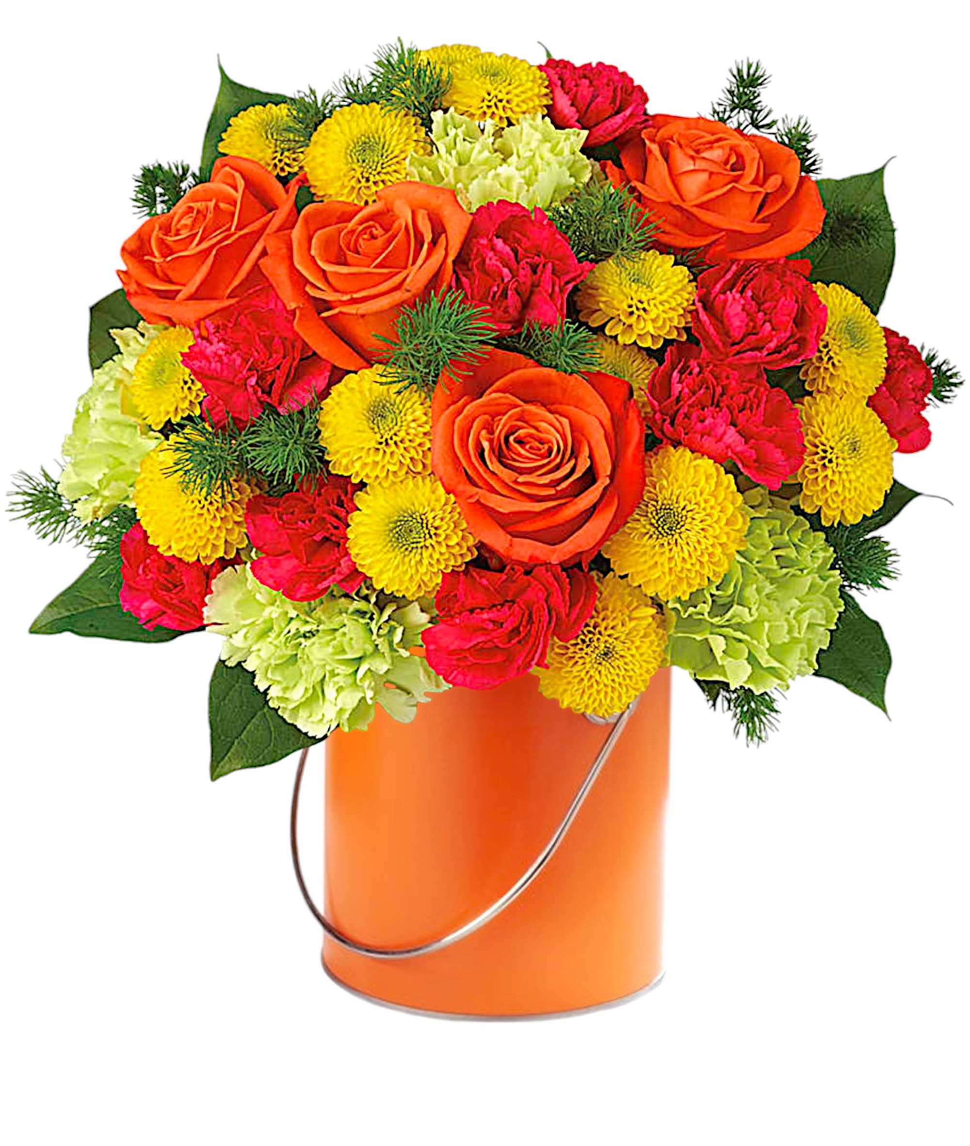 Mixed bouquet of orange roses, yellow mums, and pink carnations in an orange bucket