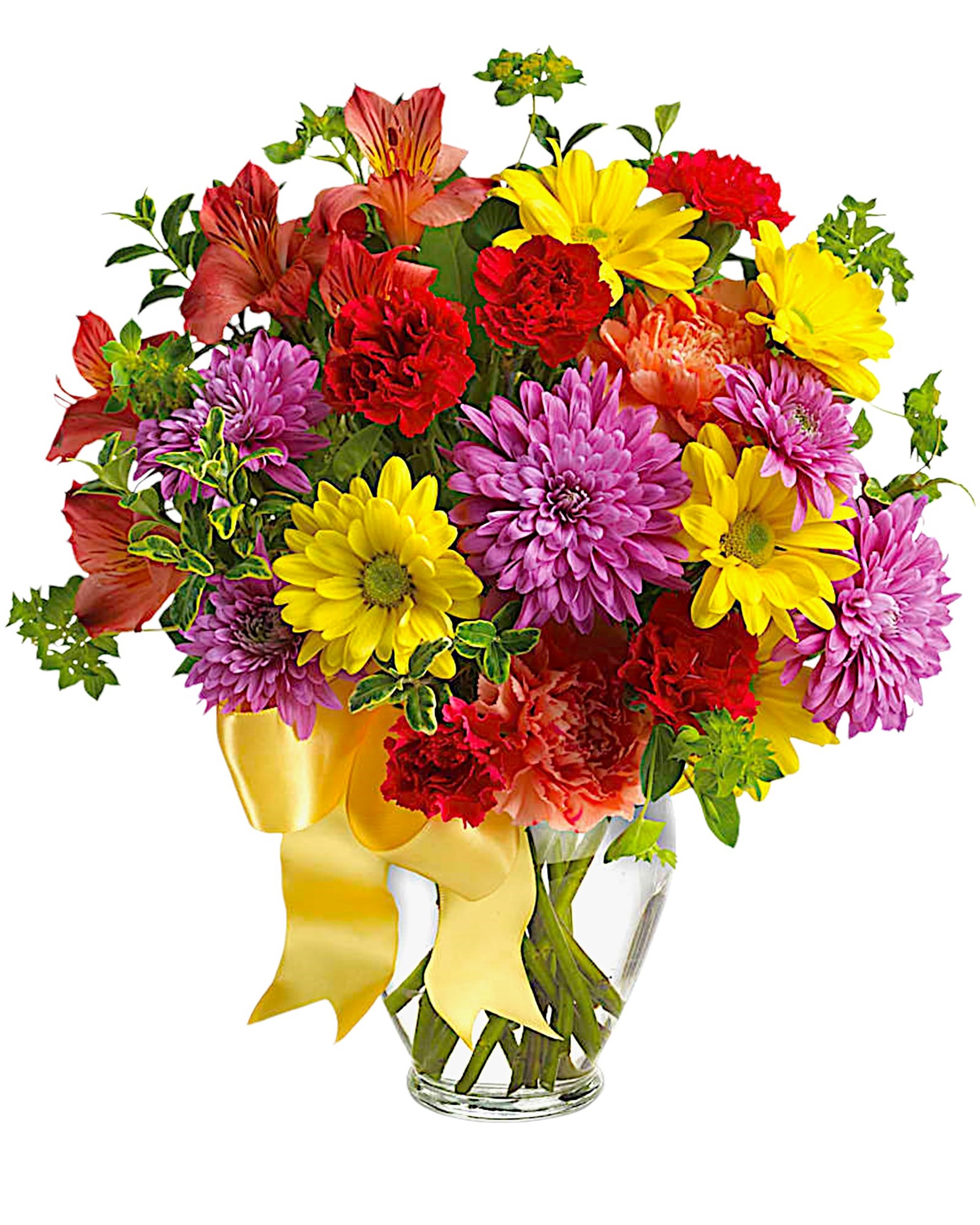Colorful mixed bouquet in a clear glass vase with a yellow ribbon