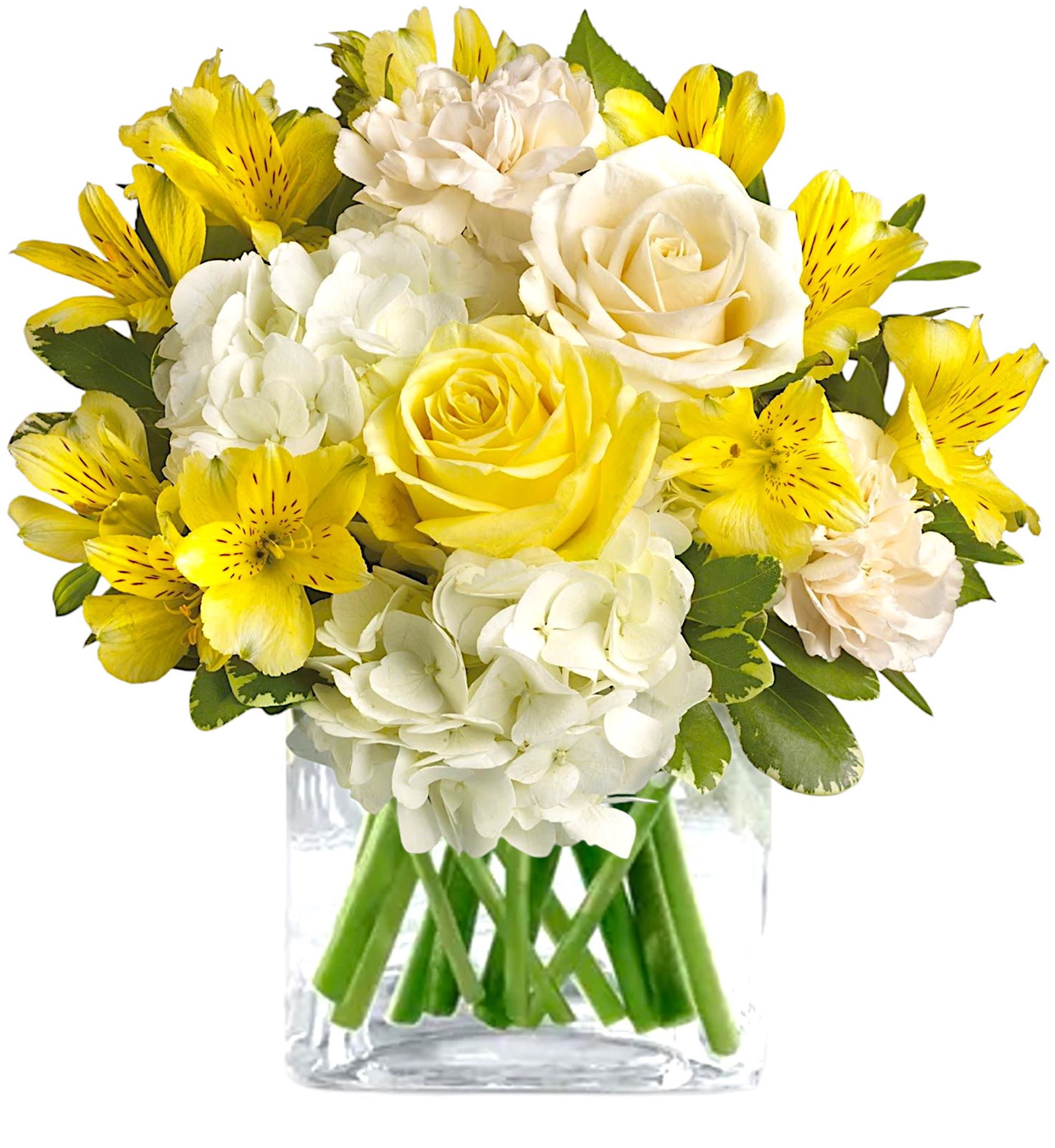 Yellow and white bouquet in a clear glass vase