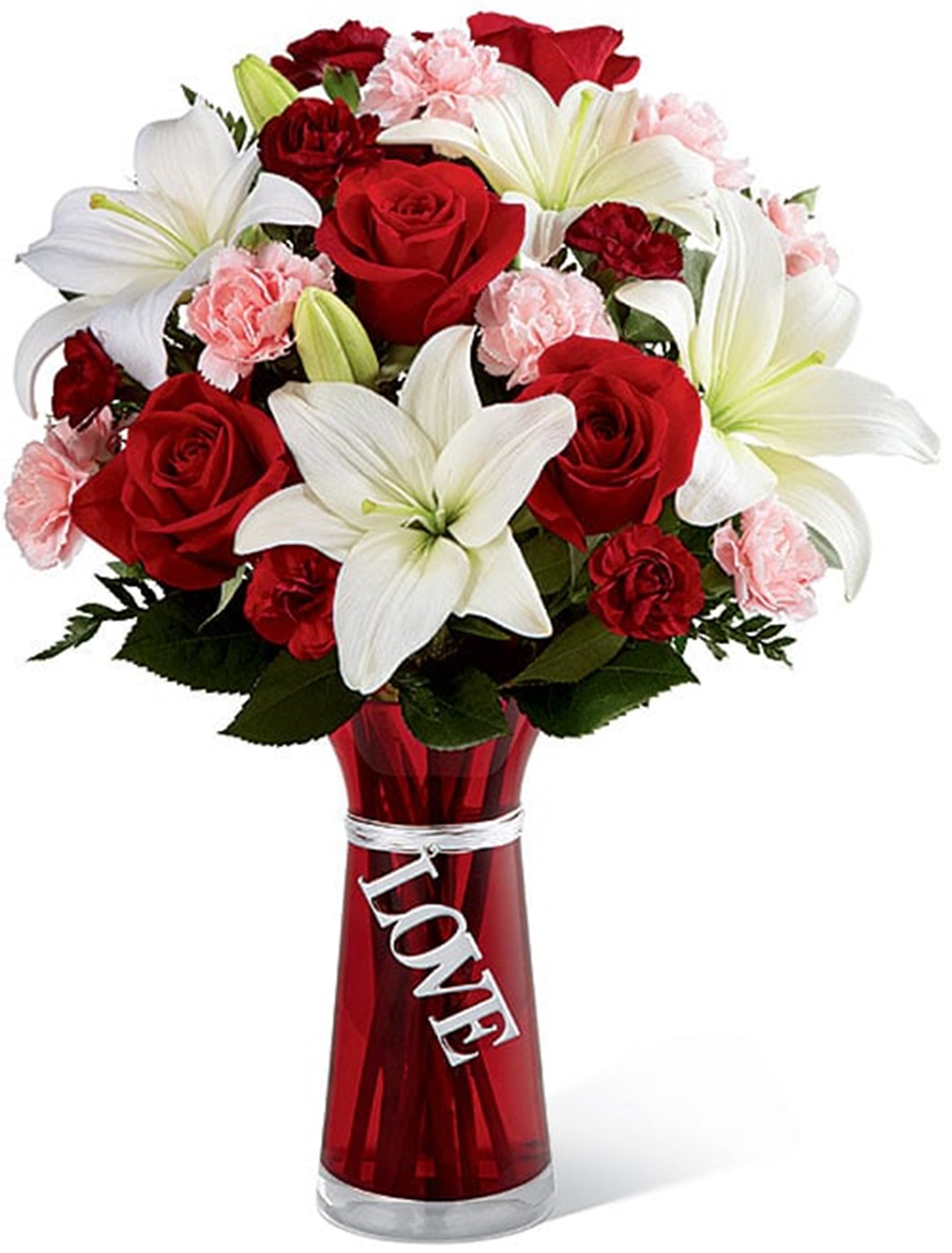 Red roses and white lilies in a red vase with a LOVE charm