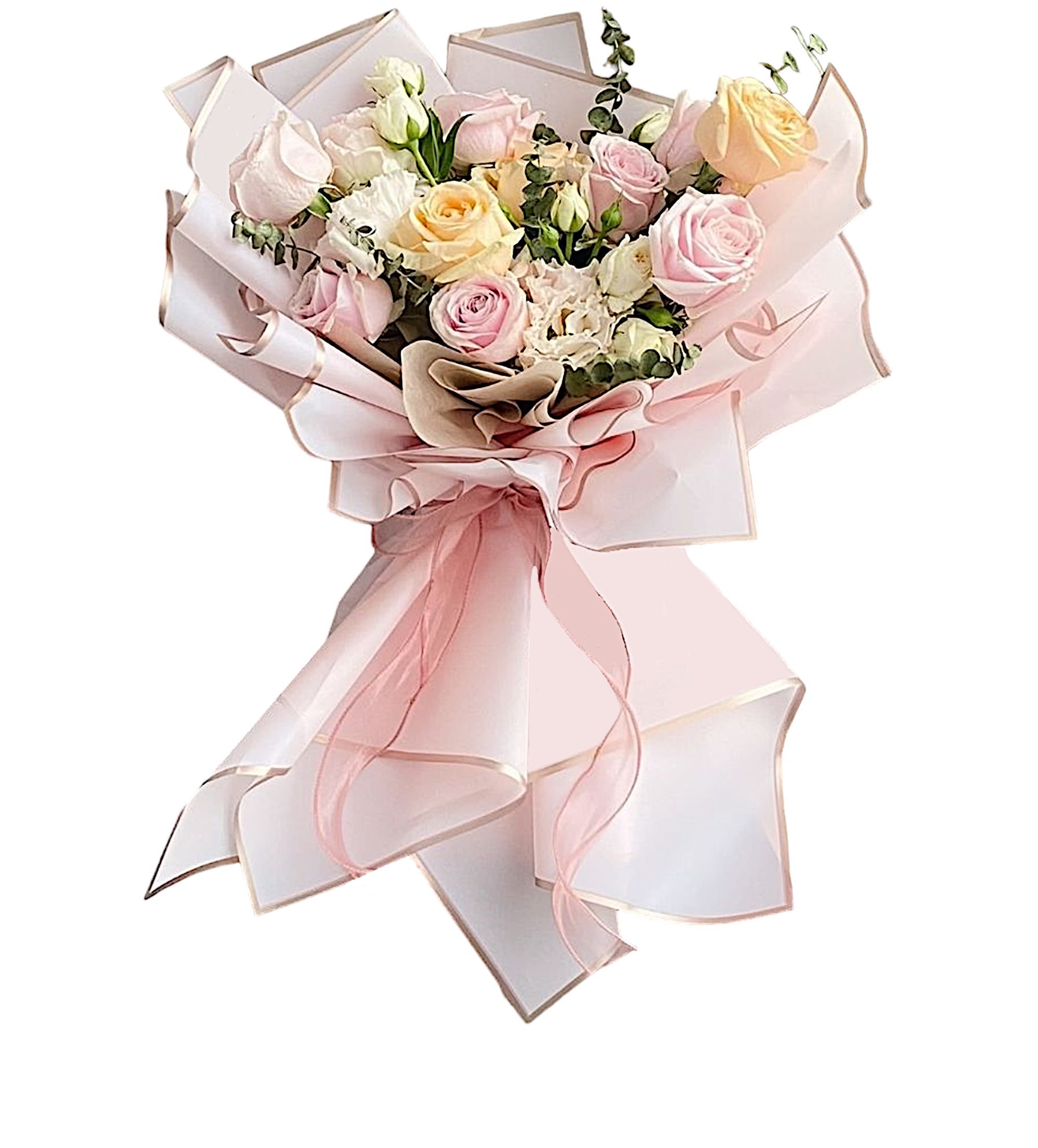 Bouquet of pastel roses wrapped in pink ribbon