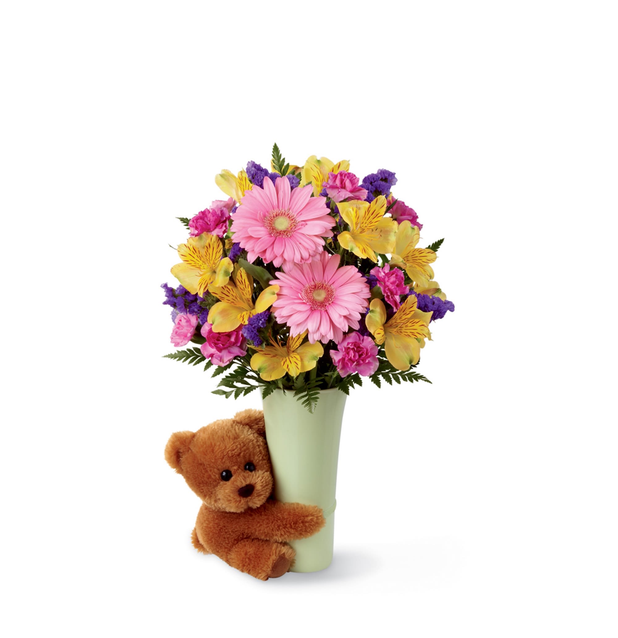Pink and yellow mixed bouquet in a vase with a teddy bear