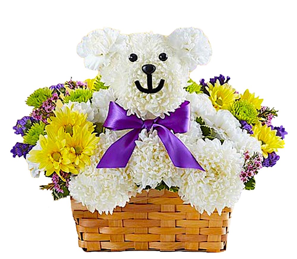 Beary Cheerful Basket Arrangement - Make someone Beary Cheerful with this bear arrangement! Handcrafted from fresh white blooms, this adorable cub arrives in a charming basket filled with a vibrant mix of flowers. Holding his own little bouquet of yellow daisies, and finished off with a purple satin bow, our truly original bear is a sweet way to show how much you care.  DETAILS White Chrysanthemums, white carnations, yellow daisies and green button poms, with seasonal fillers and greenery.  BASKET INCLUDED Orientation: One-Sided Item #NF-429  FLORIST-TO-DOOR Same day flower delivery on most orders placed online by 12 pm or 10 am on weekends PST.  BLOOM DETAILS Chrysanthemums Carnations Daisy-Mums Button-Mums Waxflower Filler Statice Filler Greenery  The Standard Arrangement is approx. 10" H x 10" W. The Deluxe Arrangement is approx. 10" H x 10" W. The Premium Arrangement is approx. 10 " H x 10" W.  How to place an order? 1. You can place an order directly on this secure website OR 2. You can call in your order by dialing: (323) 262 - 9238 OR 3. You can visit our store (appointment recommended 323.262.9238)  NINFA'S FLOWERS 2405 WHITTIER BLVD. LOS ANGELES, CA. 90023  ATTENTION: *Please note that on busy holidays, Valentine's Day, and Mother's Day, we cannot verify if the recipient received the flowers until the following day. You can verify delivery on the website after 10:00 pm, call 323.262.9238 the following day after 10:00 am, or contact the recipient directly. Thank you for your patience and understanding.