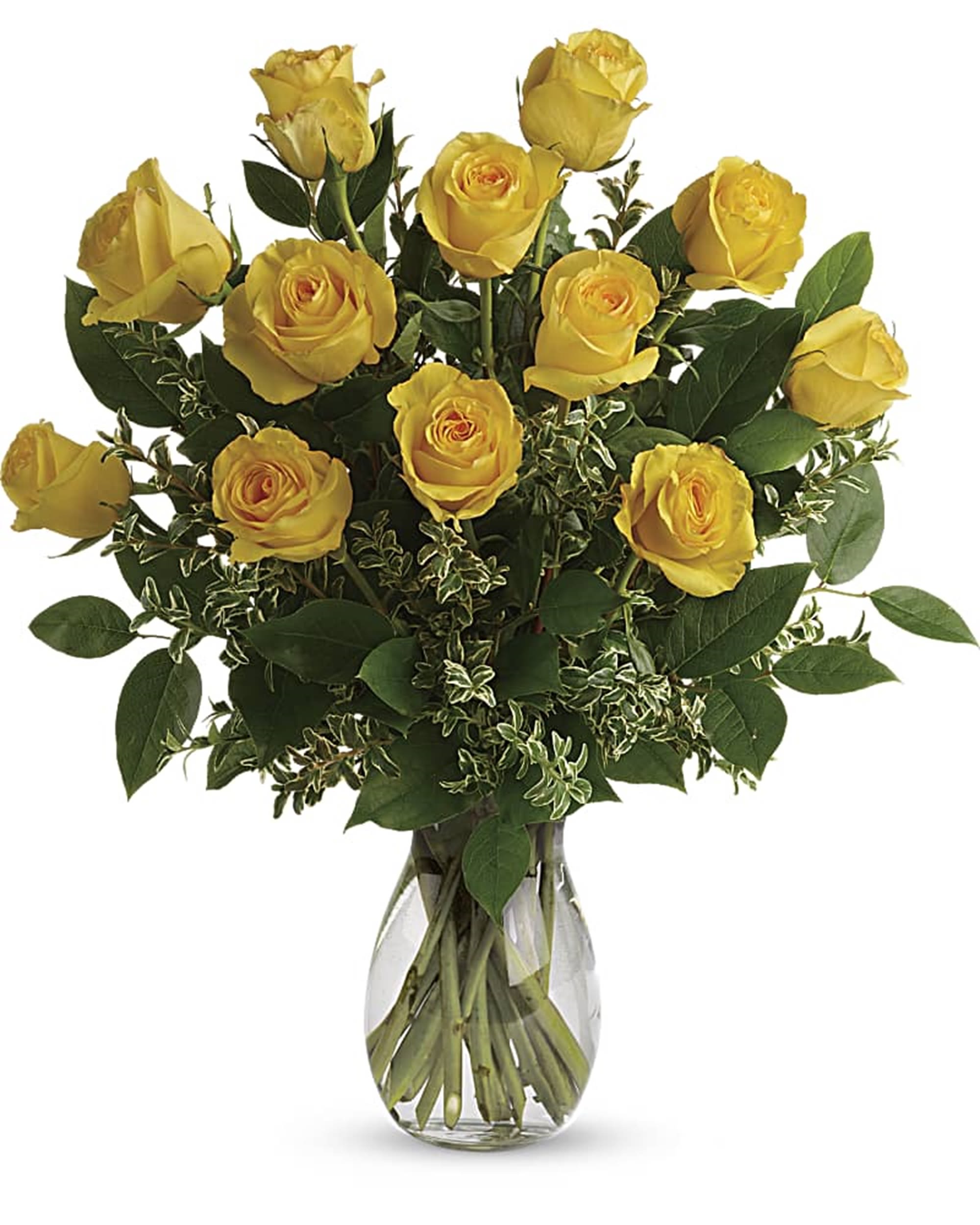 Yellow roses arranged in a clear glass vase