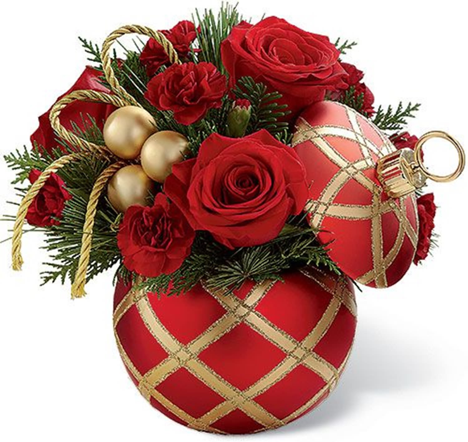Red roses arranged with gold ornaments in a decorative container