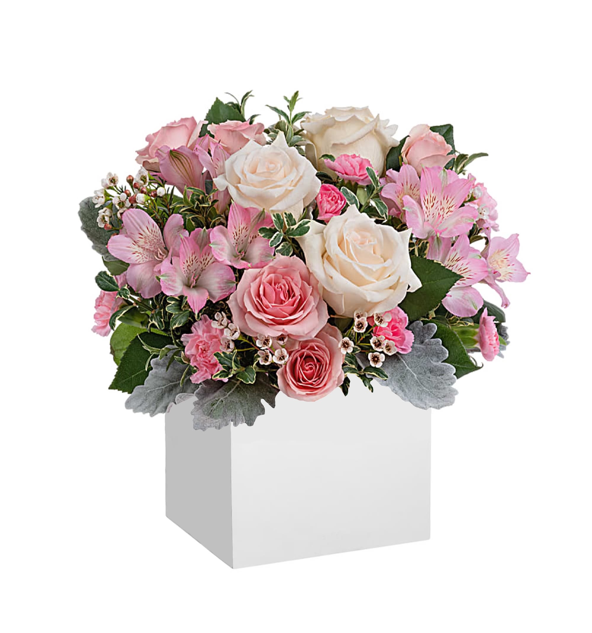 Pink and white rose bouquet in a white box