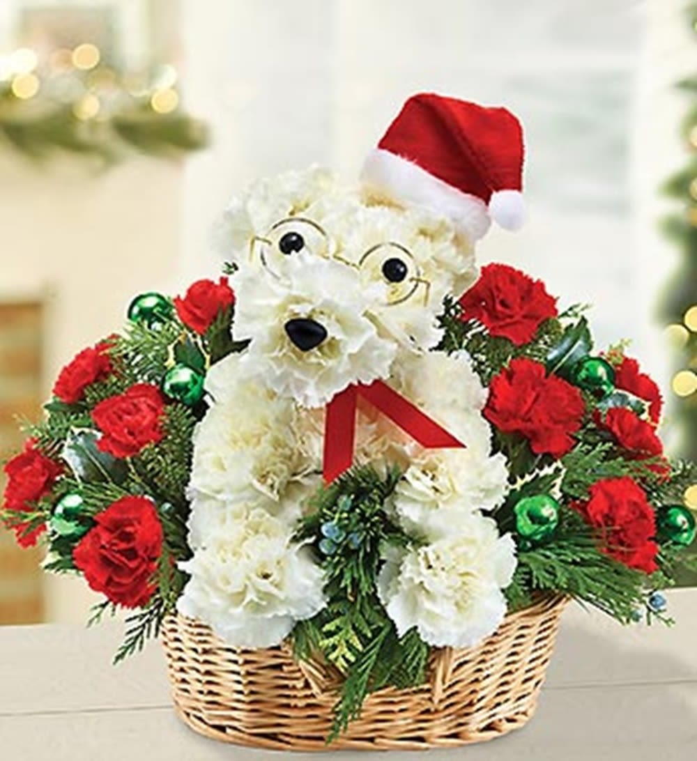 White teddy bear floral arrangement in a basket with red roses and a Santa hat