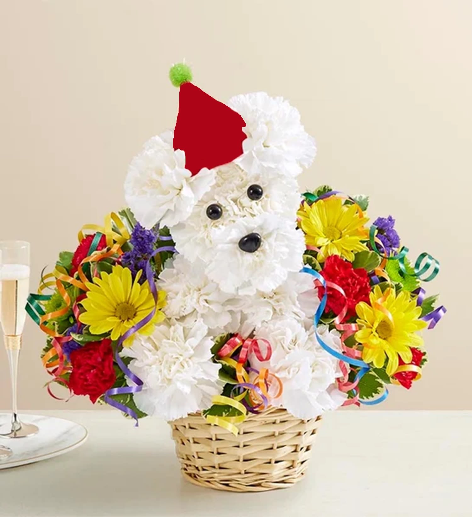 Birthday Rover - Turning another year older is a lot more fun with our 3D Birthday Rover arrangement. This party pooch is a great gift idea for any age, he’s here to deliver your best wishes in original style.  DETAILS White carnations, red mini carnations, yellow daisy-mums, purple statice; accented with assorted greenery Arranged in the shape of a dog, complete with eyes, nose, plush party hat and colorful curled ribbon.  BASKET INCLUDED Orientation: All-Around Item #NF-475  FLORIST-TO-DOOR Same day flower delivery on most orders placed online by 12 pm or 10 am on weekends PST.  BLOOM DETAILS Carnations Mini Carnations Daisy-Mums Statice Filler Greenery  The Standard Arrangement is approximately 11" H x 11" W. (BALLOON NOT INCLUDED) The Deluxe Arrangement is approximately 11" H x 11" W.  The Premium Arrangement is approximately 12" H x 12" W.  How to place an order? 1. You can place an order directly on this secure website OR 2. You can call in your order by dialing: (323) 262 - 9238 OR 3. You can visit our store (appointment recommended 323.262.9238)  NINFA'S FLOWERS 2405 WHITTIER BLVD. LOS ANGELES, CA. 90023  ATTENTION: *Please note that on busy holidays, Valentine's Day, and Mother's Day, we cannot verify if the recipient received the flowers until the following day. You can verify delivery on the website after 10:00 pm, call 323.262.9238 the following day after 10:00 am, or contact the recipient directly. Thank you for your patience and understanding.